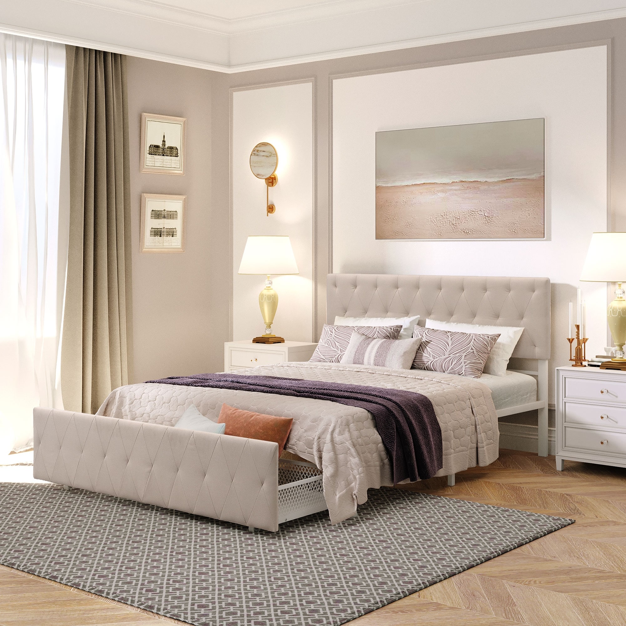 Linen Upholstered Queen Size Metal Platform Bed With Big Drawer  Elegant Design  Maximized Space  High Quality Build