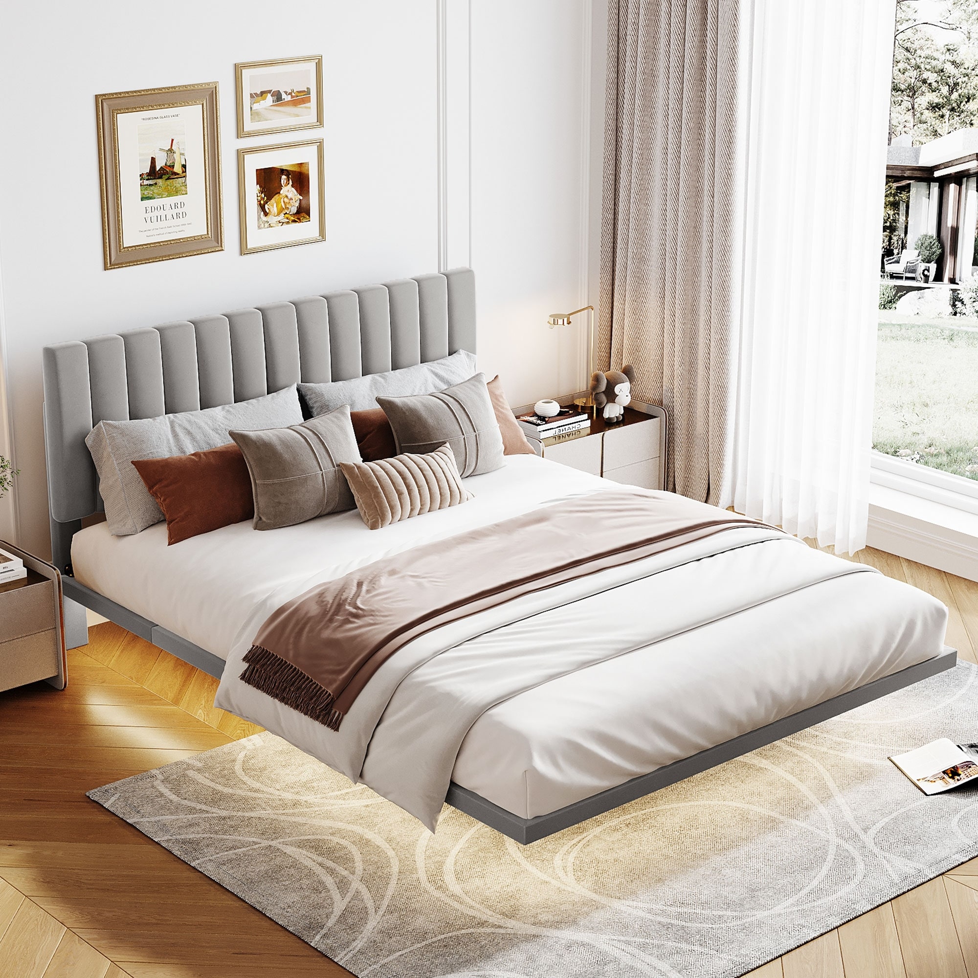 Gray Queen Size Upholstered Bed Comfy Velvet Platform Bed With Sensor Light