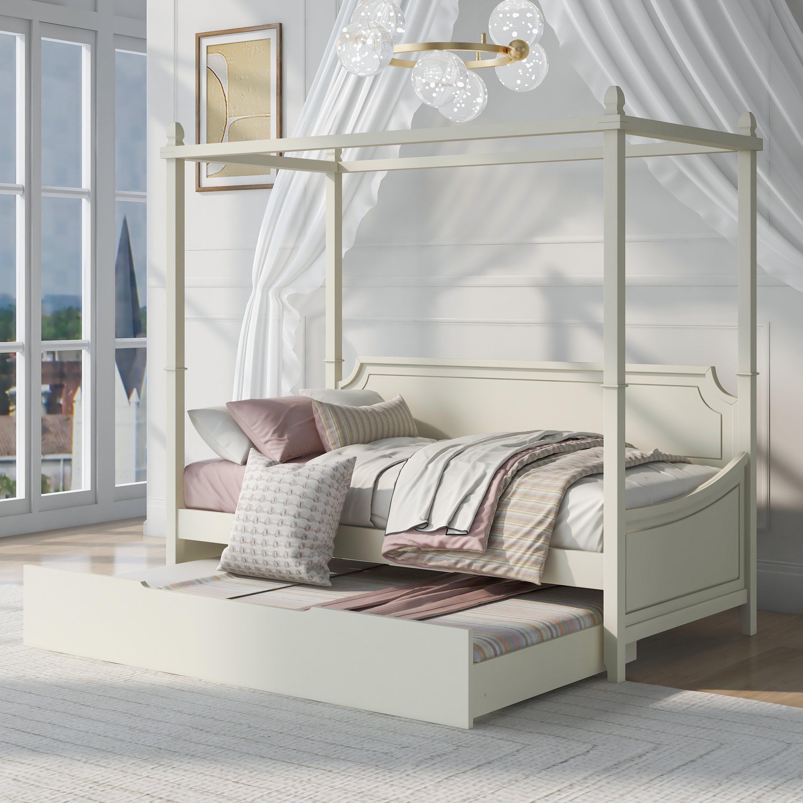 Milky White Twin Size Canopy Bed Daybed With Trundle