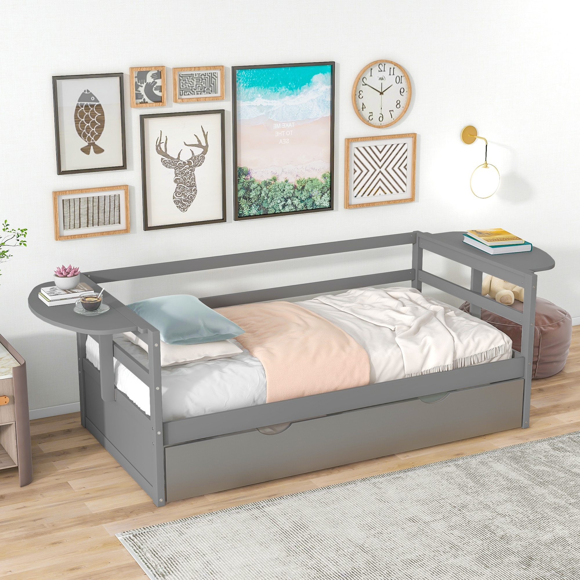 Twin Size Daybed With Trundle And Foldable Shelves On Both Sides  White