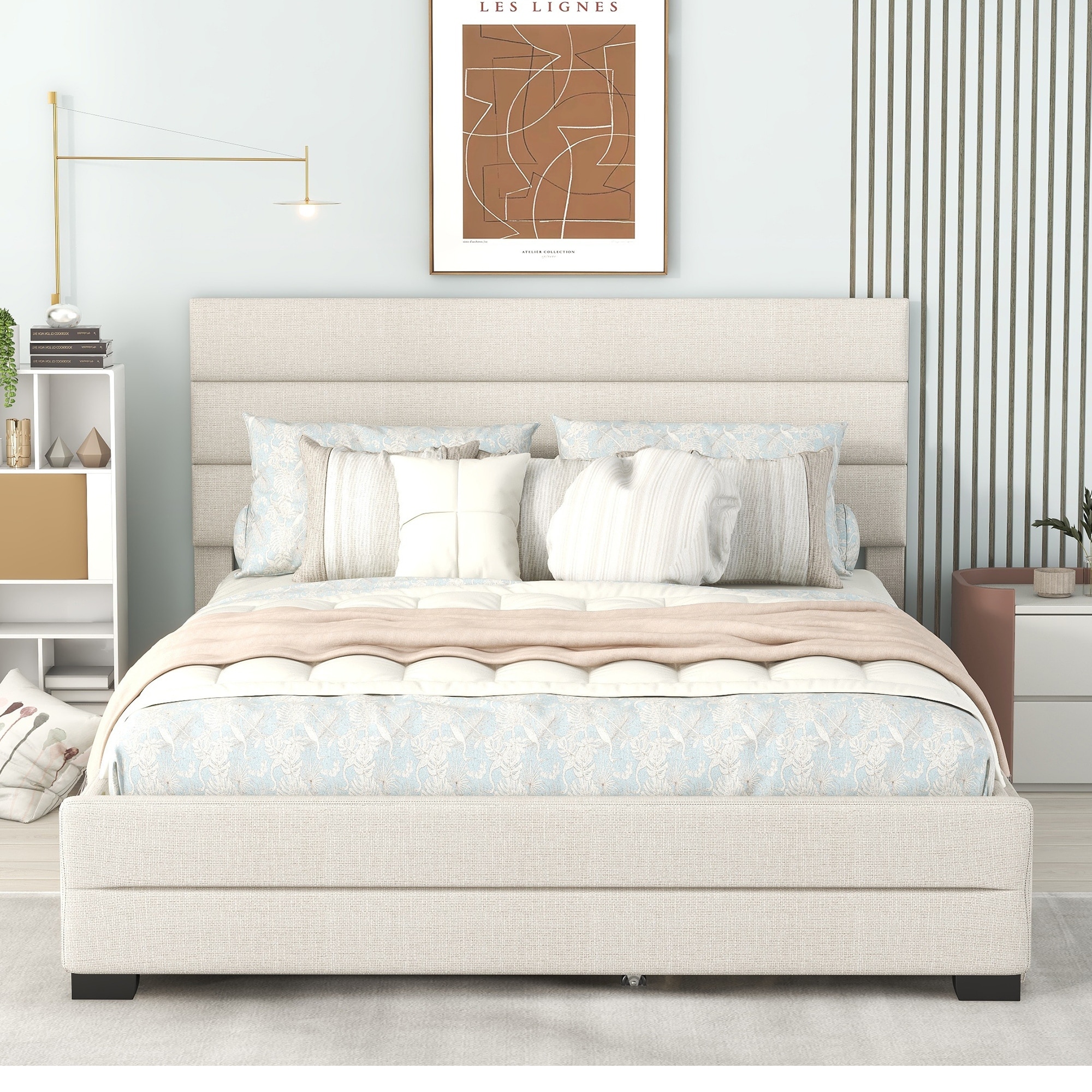 Queen Upholstered Platform Bed With Trundle And Two Drawers