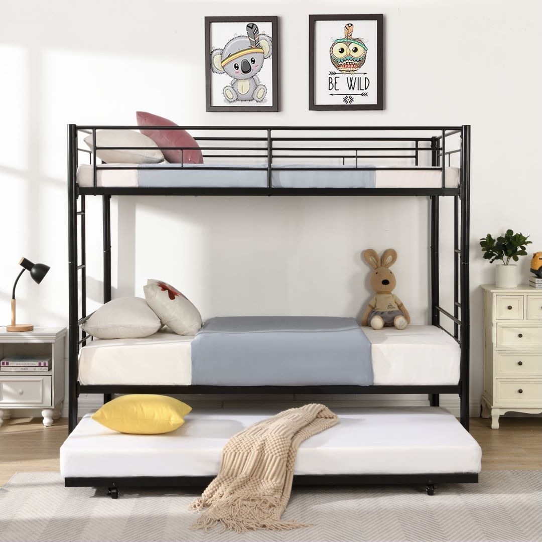 Black Over Twin Bunk Bed Frame With Trundle And Sturdy Guard Rail