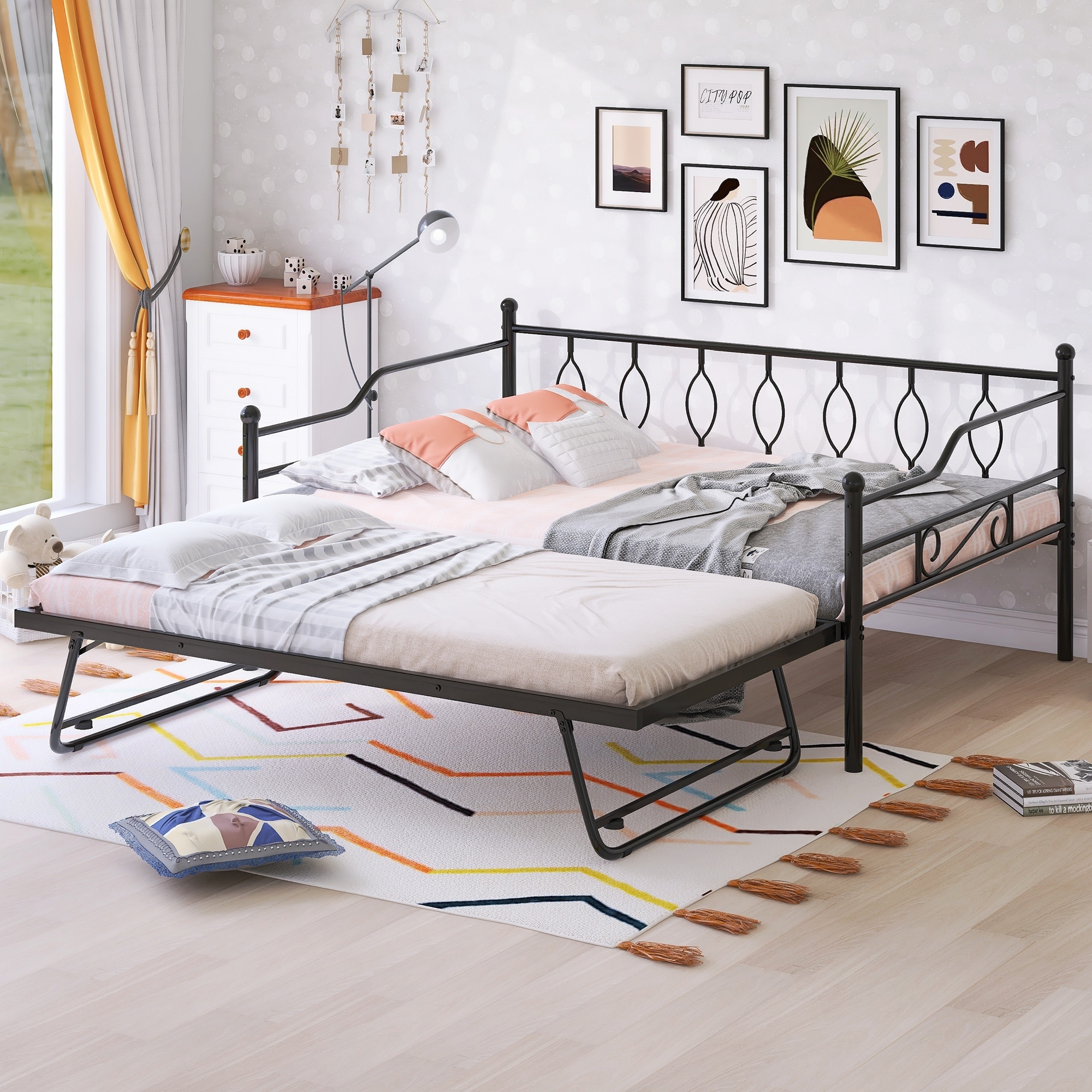 Full Size Metal Daybed With Twin Size Adjustable Trundle  Portable Folding Trundle  Black