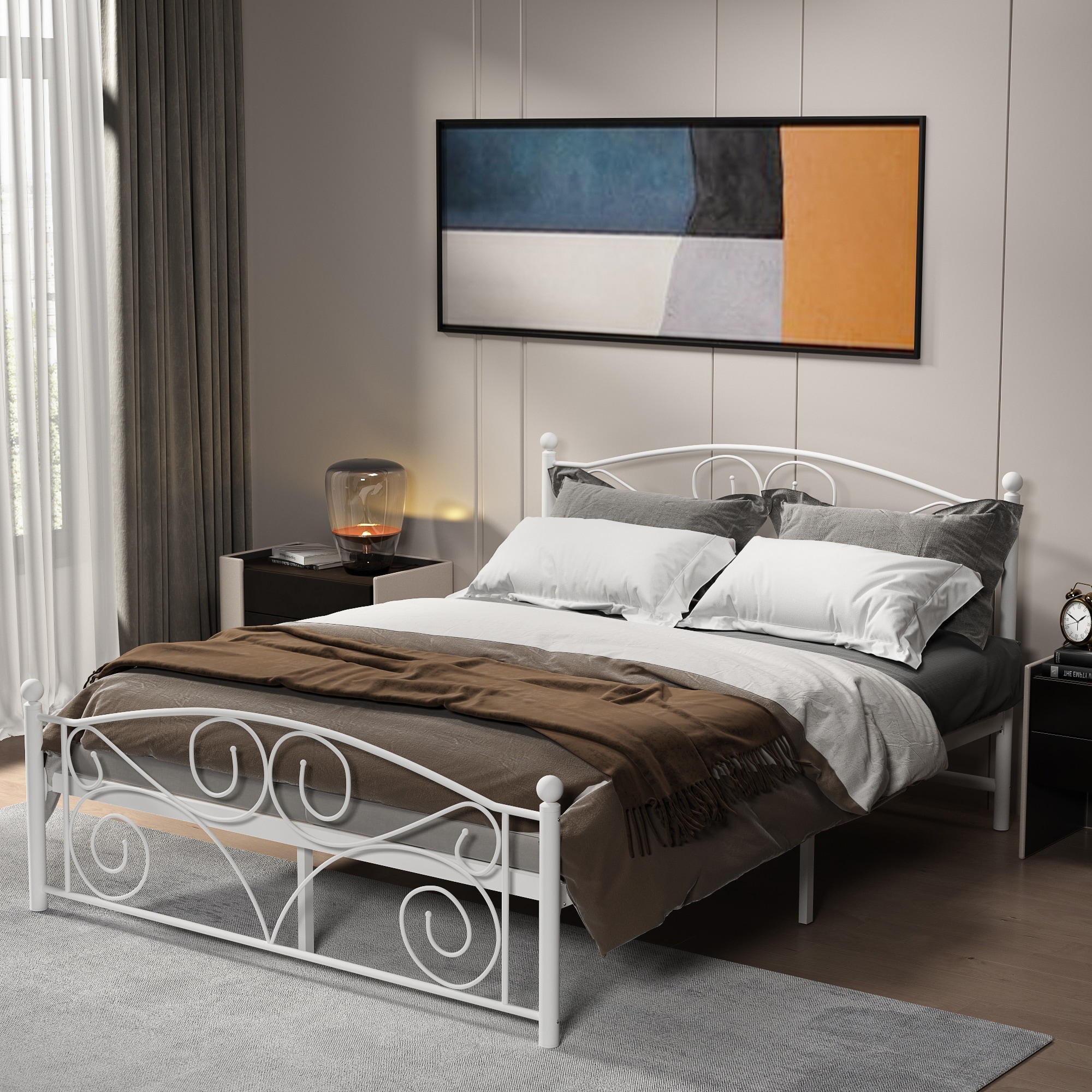 Modern Full Size Metal Platform Bed Frame With Wooden Headboard And Footboard  Modern Lined-curved Flower Pattern