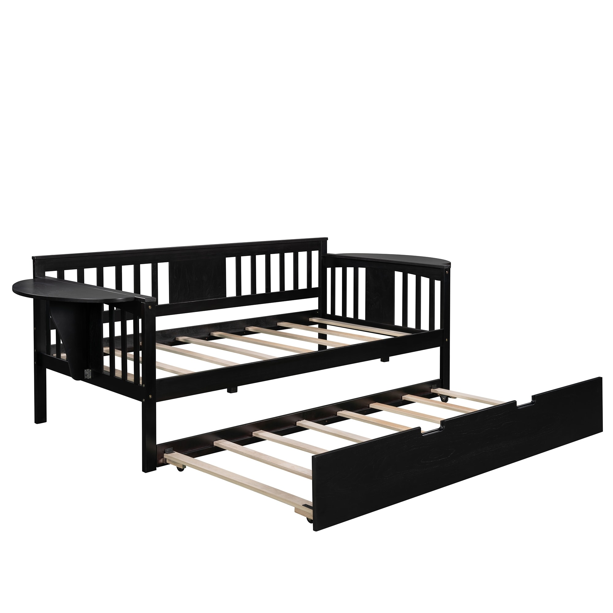 Twin Size Wood Daybed With Trundle and 2 Side Table Shelf For Small Bedroom City Aprtment Dorm