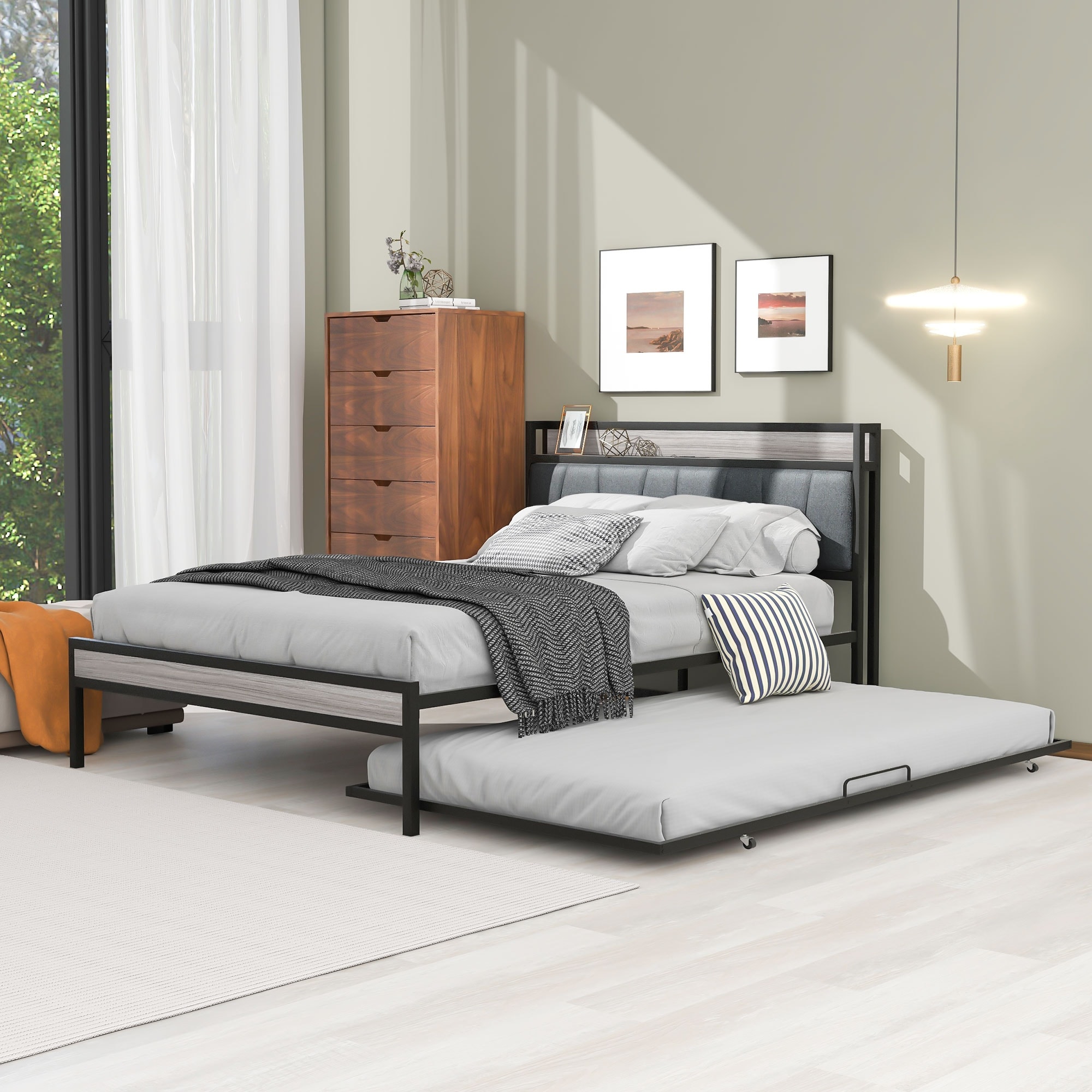 Metal Platform Bed Frame With Twin Trundle  Upholstered Headboard  Sockets  Usb Ports and Wood Slats Support  No Box Spring Needed