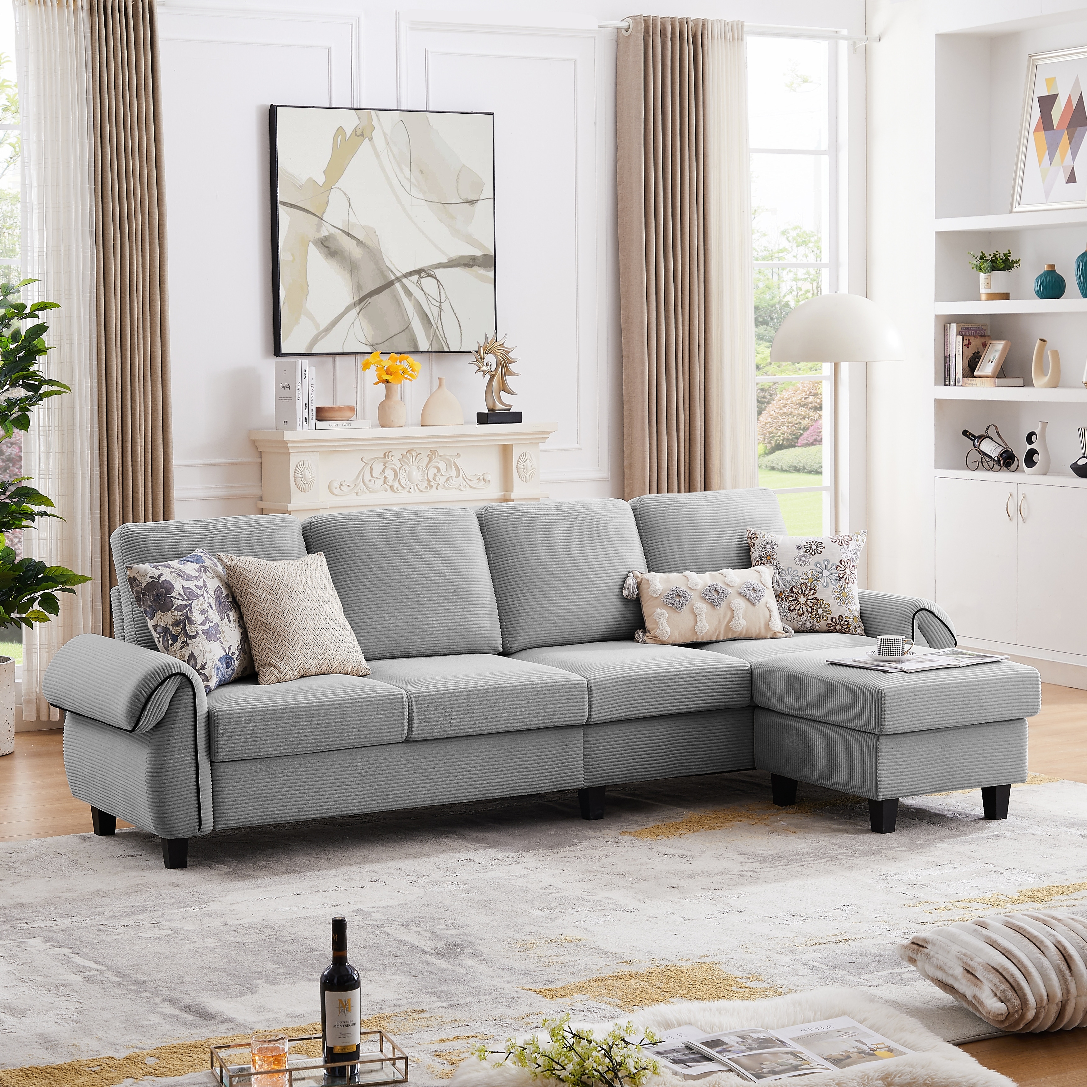 110.02 In. W Rolled Arms 4-seat L Shaped Soft Corduroy Fabric Modern Sectional Sofa With Reversible Ottoman