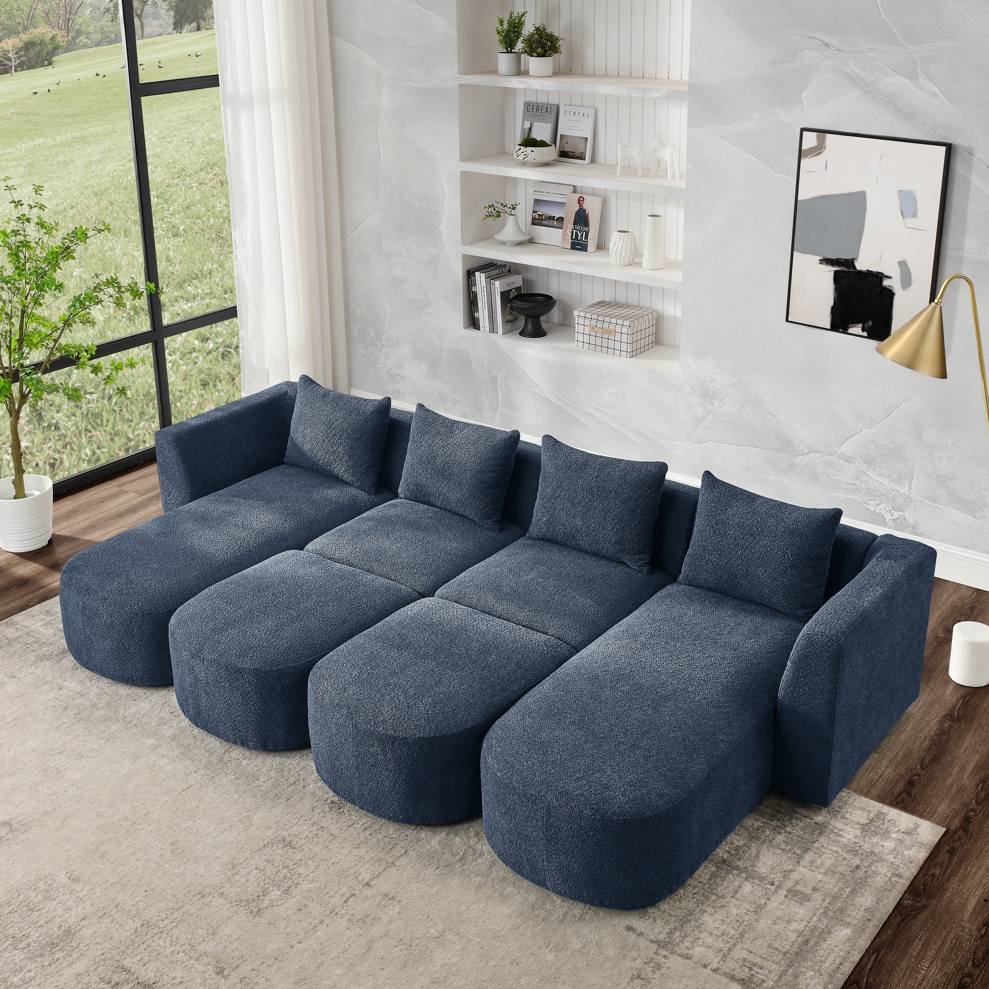 U-shape Modular Sectional Sofa With 2 Chaise And 2 Ottoman  4 Pillows  Diy Combination  Loop Yarn Fabric