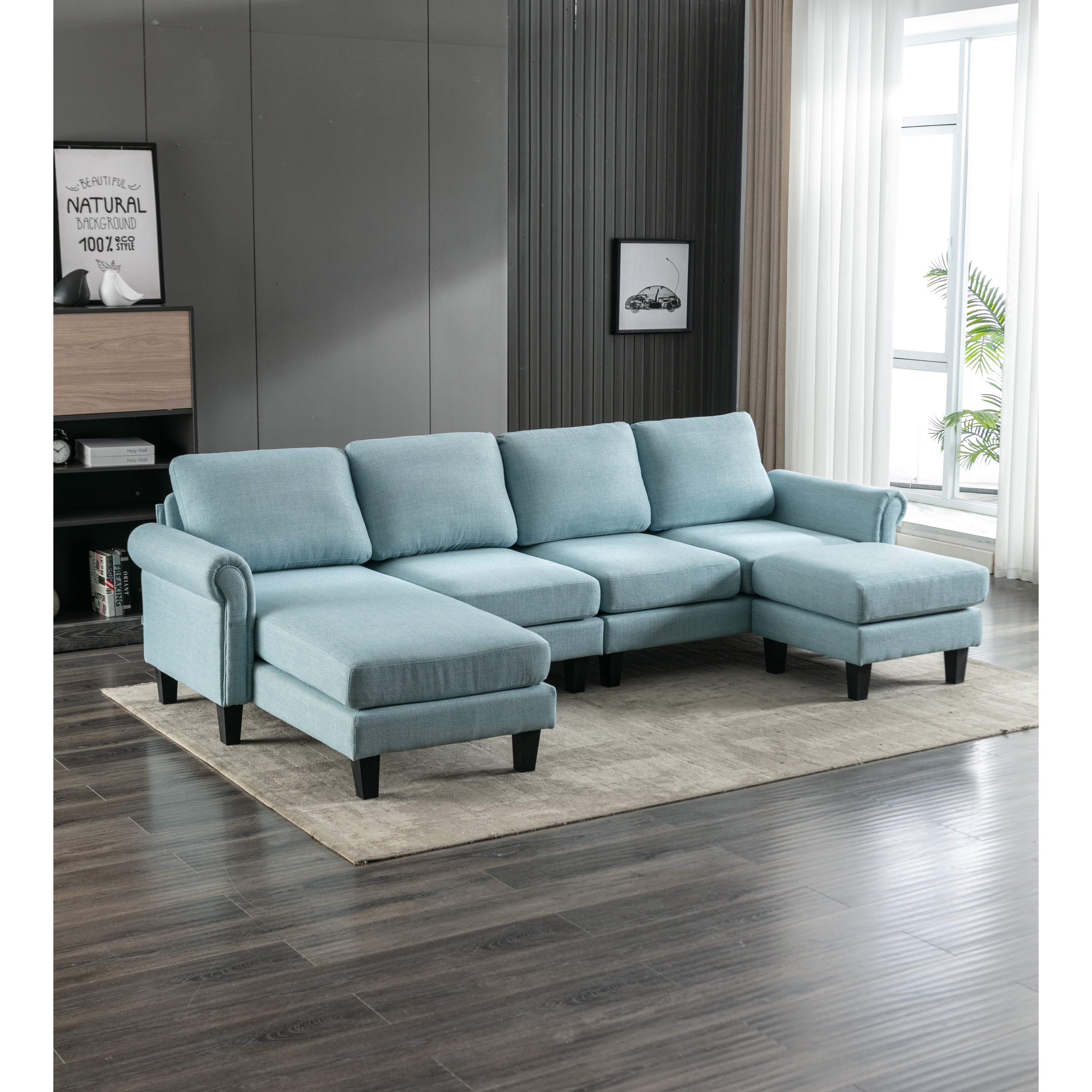 108.66 Modern Linen Upholstered U-shape Sectional Sofa With Foam Seat Fill