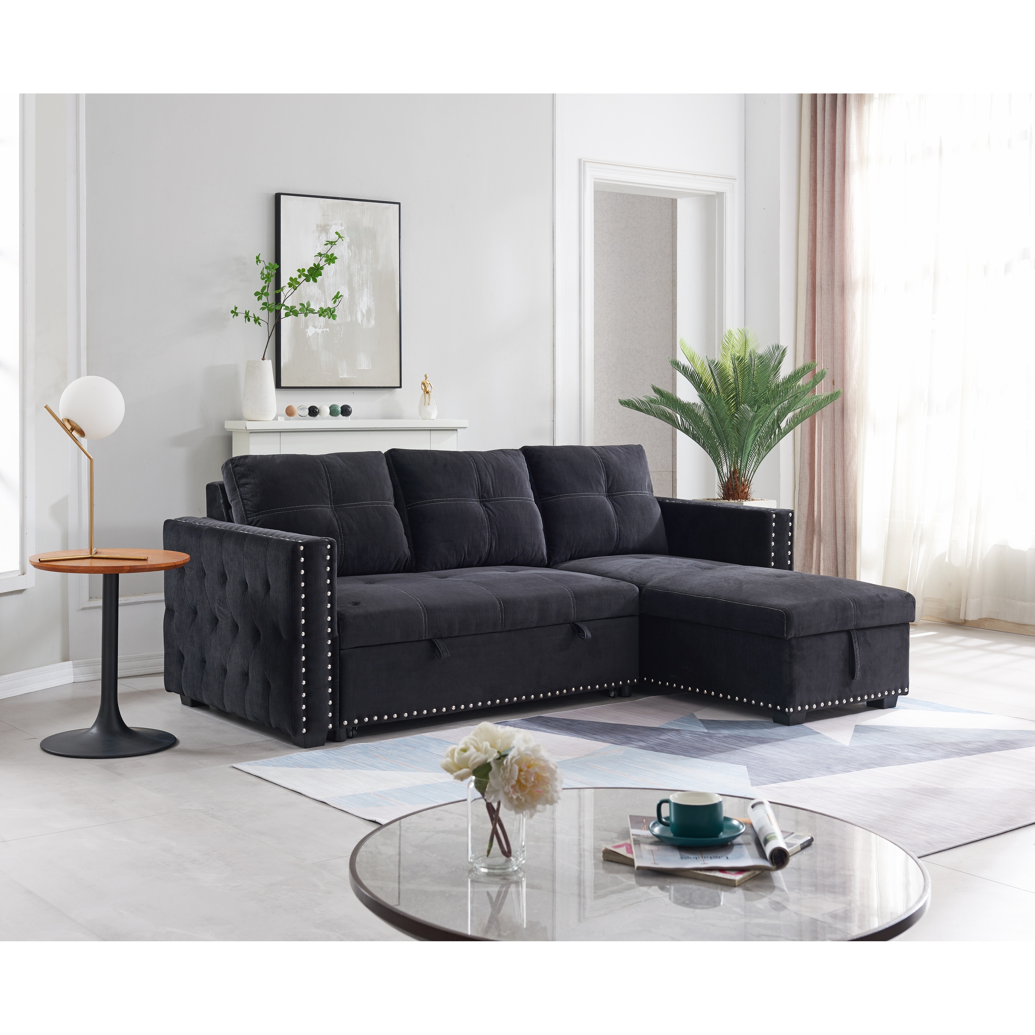 Pull-out Bed Sectional Sofa With 2-seat Sofa  Reversible Chaise  And Storage - Copper Nail Accent