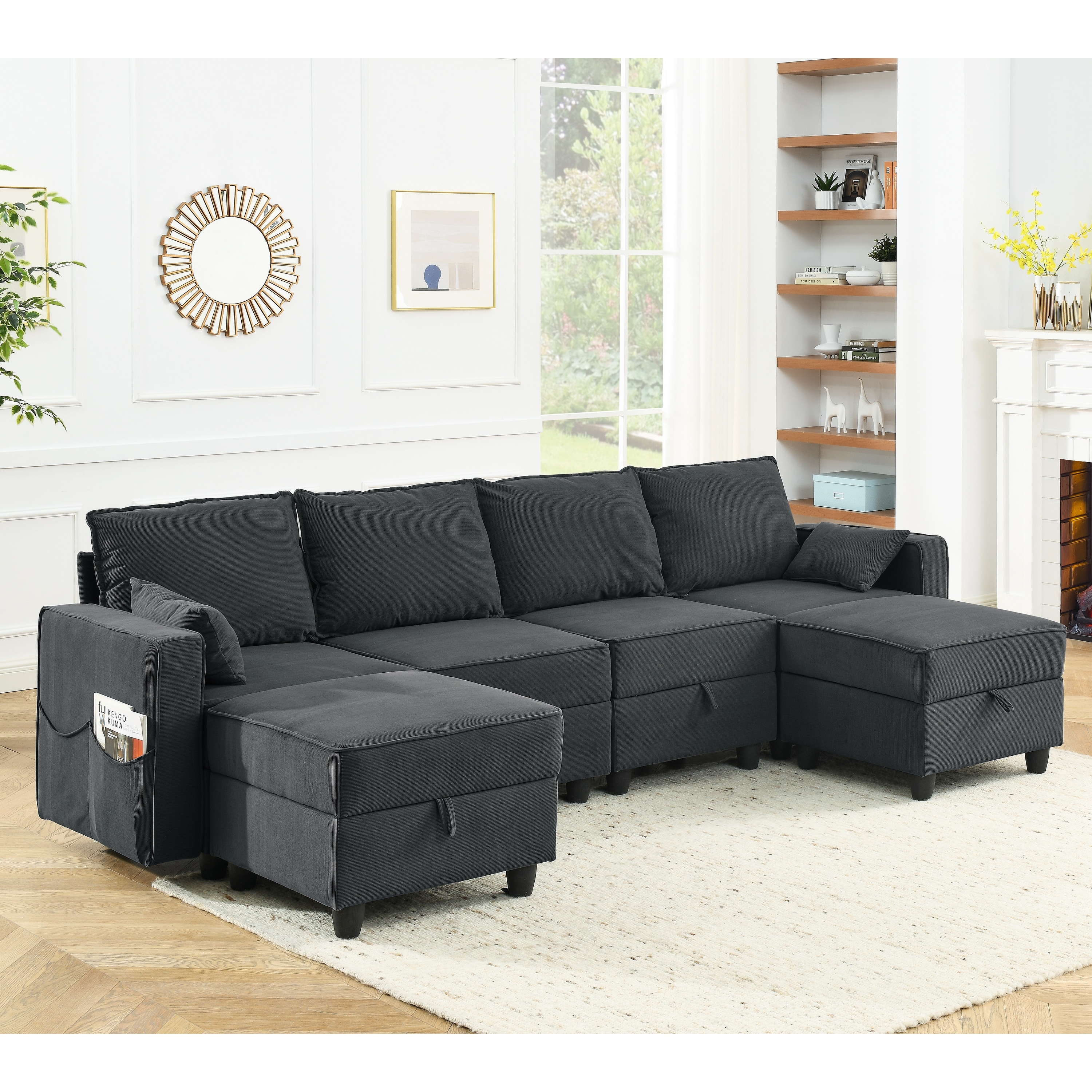 Corduroy Velvet Modular Sectional Sofa Couch  6 Storage Seat Convertible Sofa Bed Set For Living Room