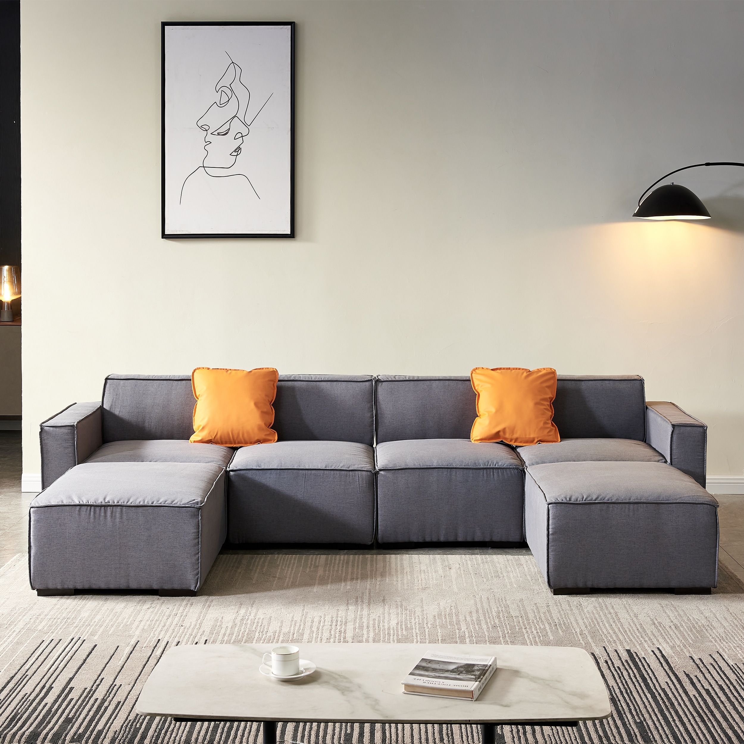 Beige U-shape Modular Fabric Sofa Set: 4 Chairs  2 Convertible Ottoman Chaise  And 2 Throw Pillows