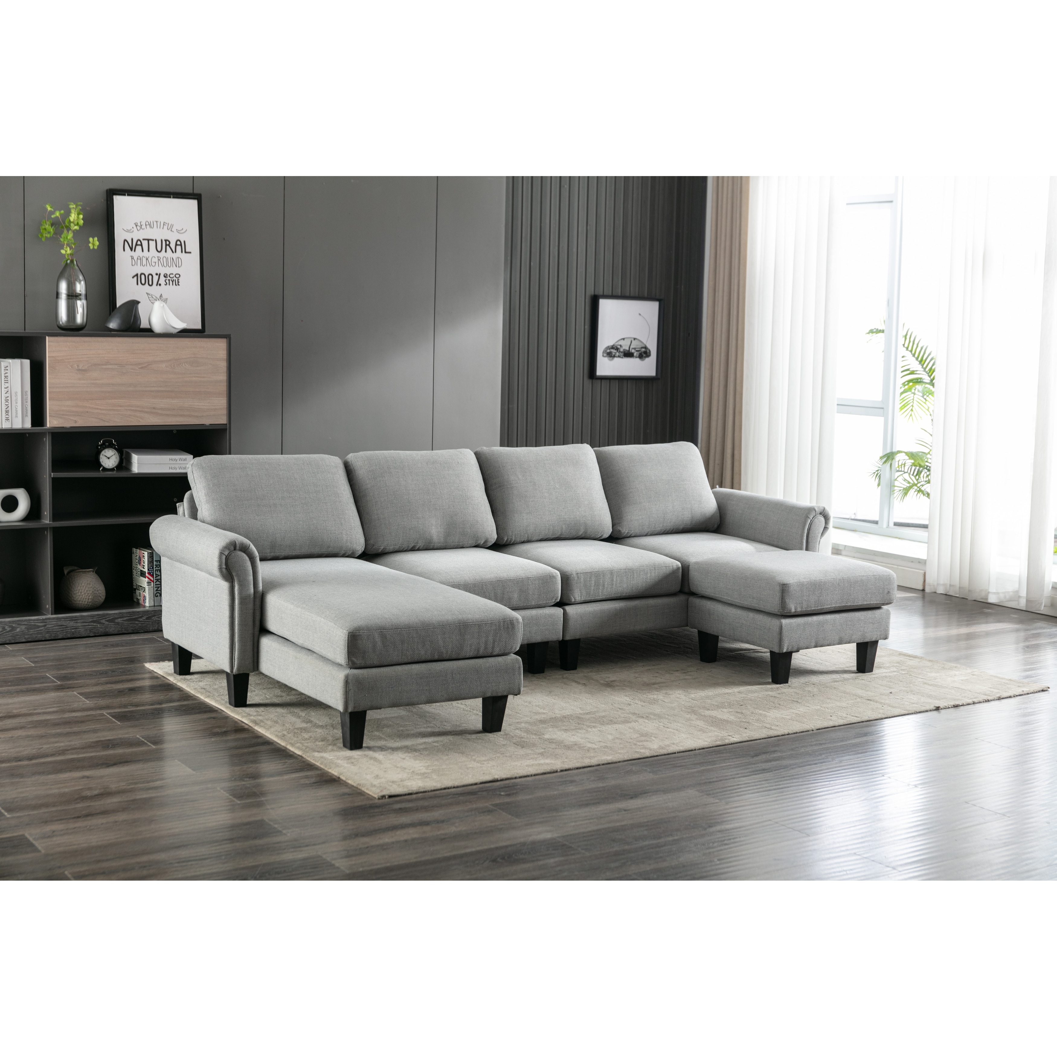 108.66 Inch 3-seater Convertible Segmented Sofa With Chaise Lounge And Convertible Ottoman  And Two Pillows