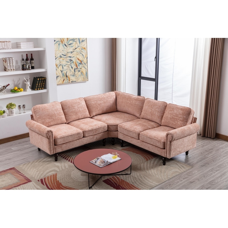 L-shape Chenille Fabric Sectional Sofa With Round Arms