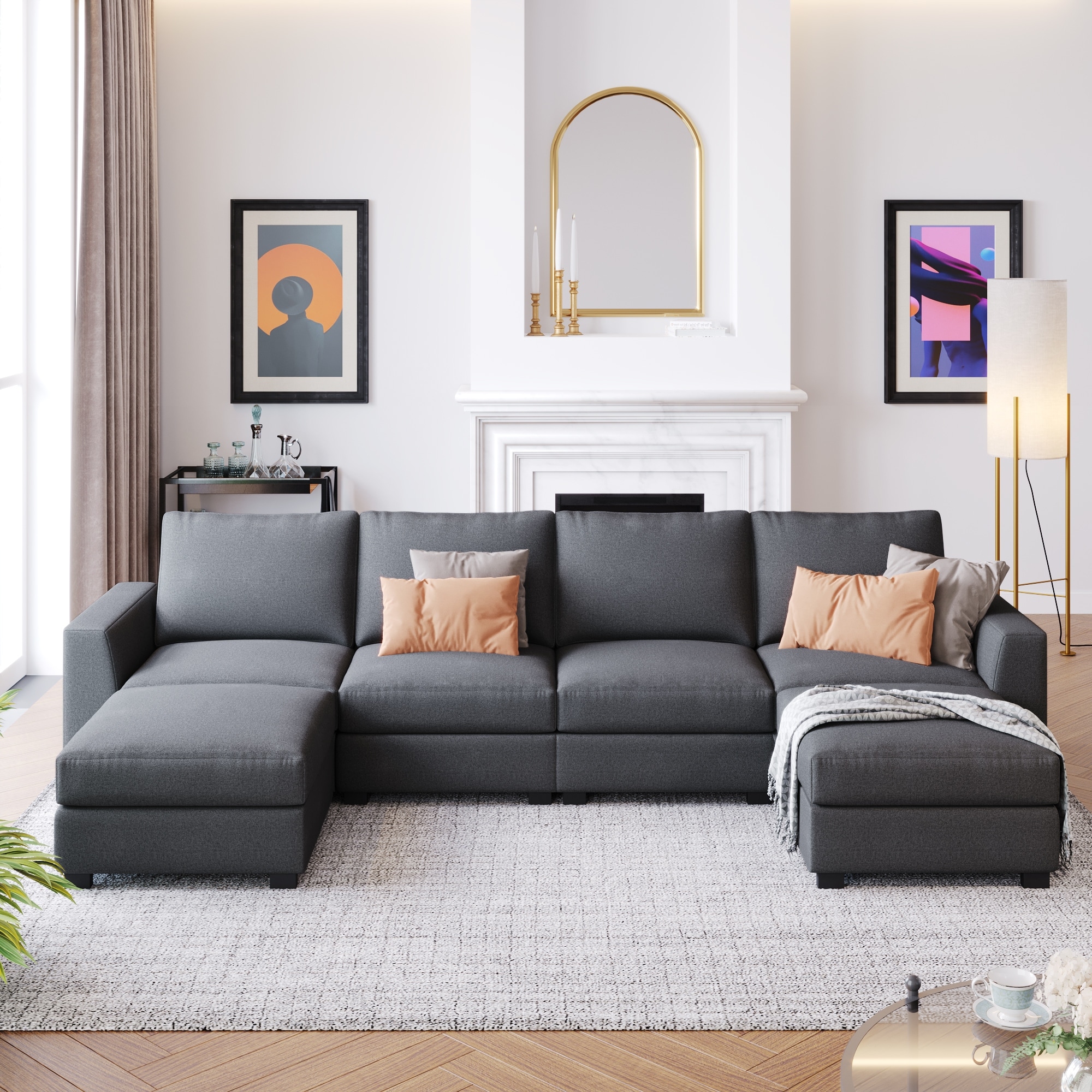 131w Modern 3 Pieces Upholstered U-shaped Sectional Sofa Sets With Removable Ottomans and Solid Wood Frame For Living Room