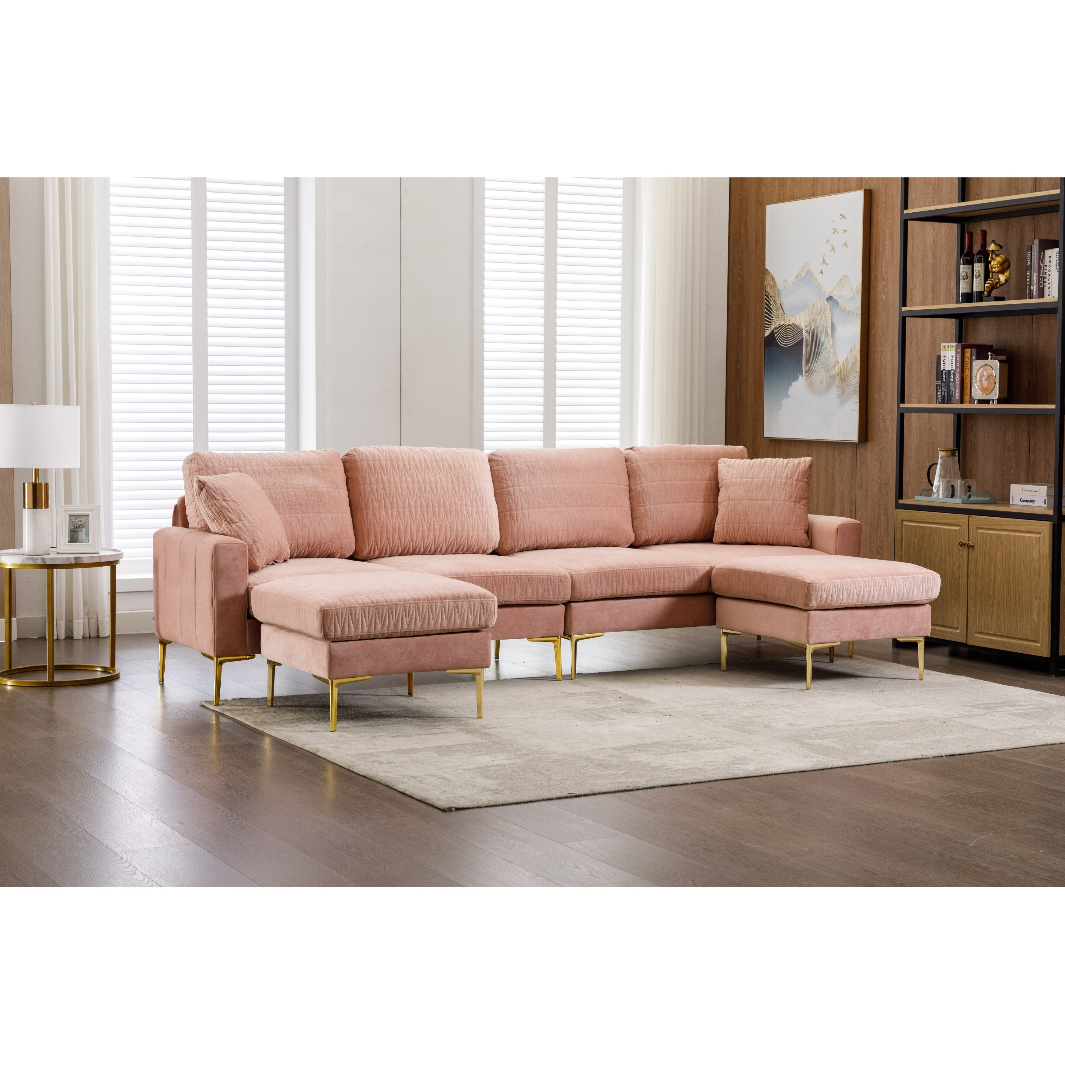 Large U-shape Sectional Sofa Velvet Sofa With Ottoman