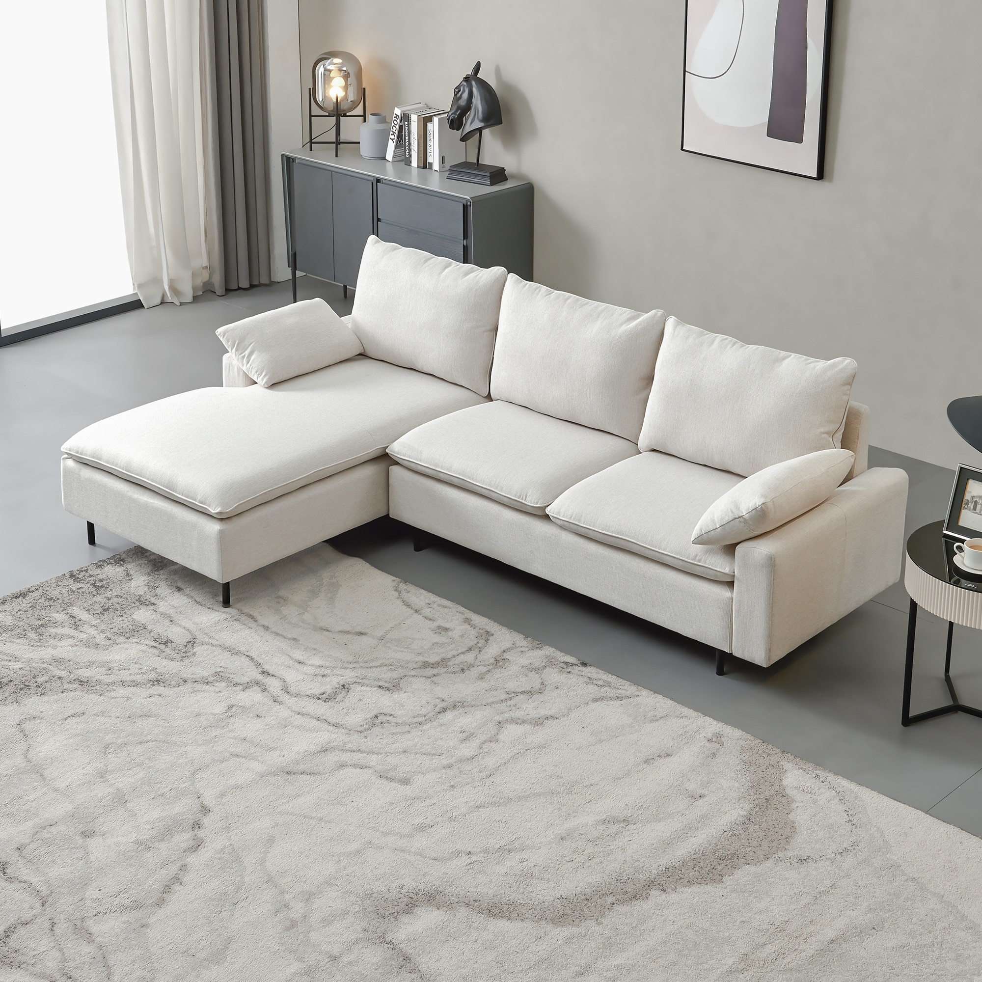 L-shaped Linen Upholstered Sectional Sofa With Right Chaise  Lounge Couch For Living Room