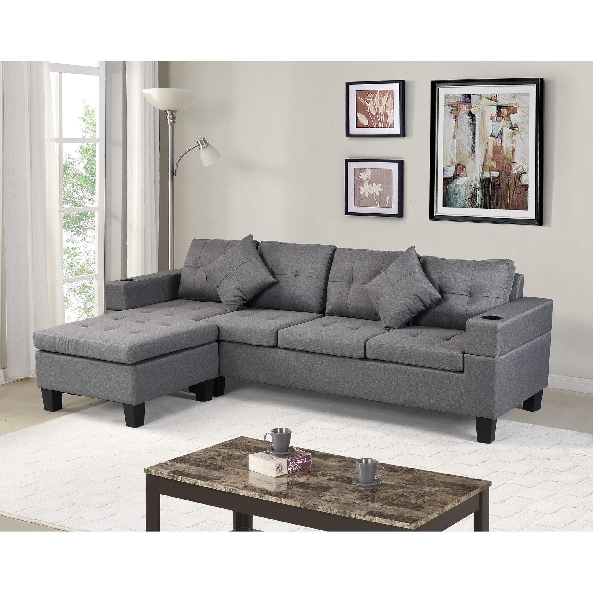 Sectional Sofa Set For Living Room With L Shape Chaise Lounge  cup Holder And Left Or Right Hand Chaise Modern 4 Seat