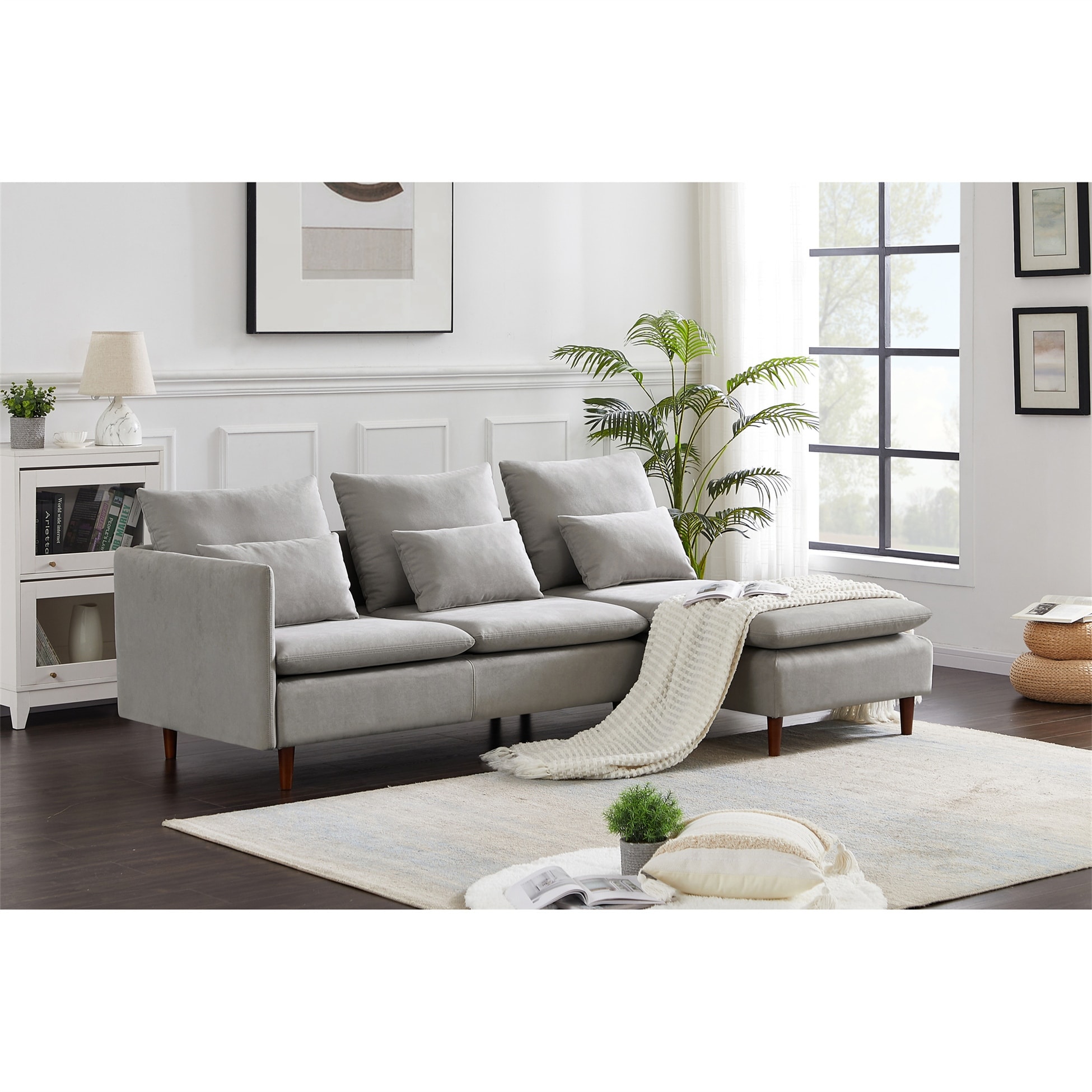 Gray Water Ripple Suede Sectional Sofa With Chaise Longue