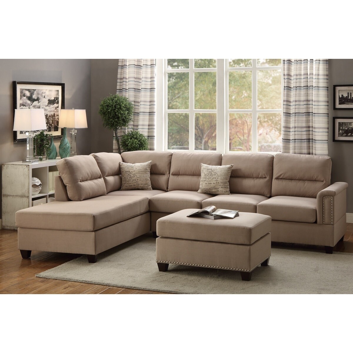 Bobkona Toffy Left Or Right Hand Chaise Sectional With Ottoman Set