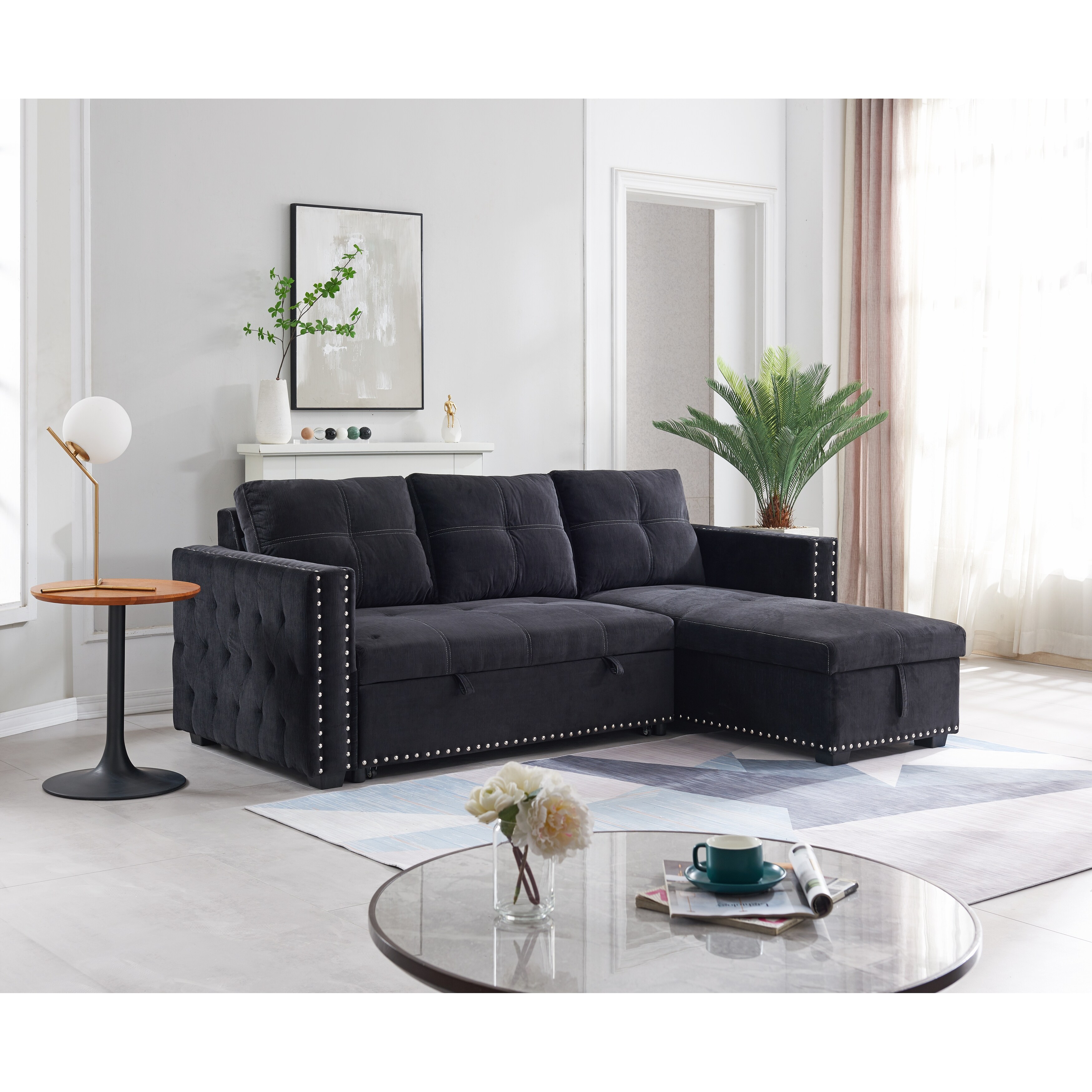 91 L-shaped Sectionals Sofa 2 Seater Velvet Couch With Pull Out Bed And Storage Reversible Chaise For Living Room
