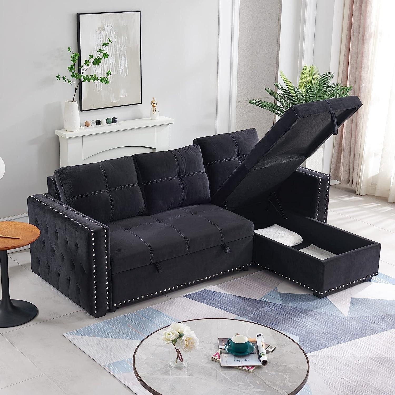 Elegant Style Sectional Sofa With Pulled Out Bed and Storage Reversible Chaise  Copper Nail Inlayed Arms For Living Room  Black