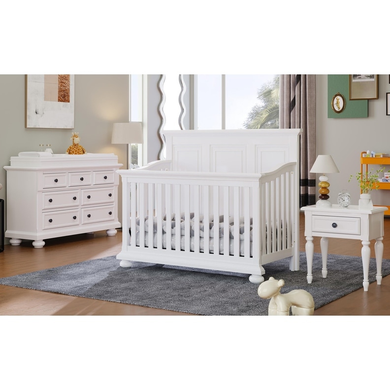 4 Pieces Bedroom Sets 4-in-1 Convertible Crib With Nightstand dresser And Changing Topper