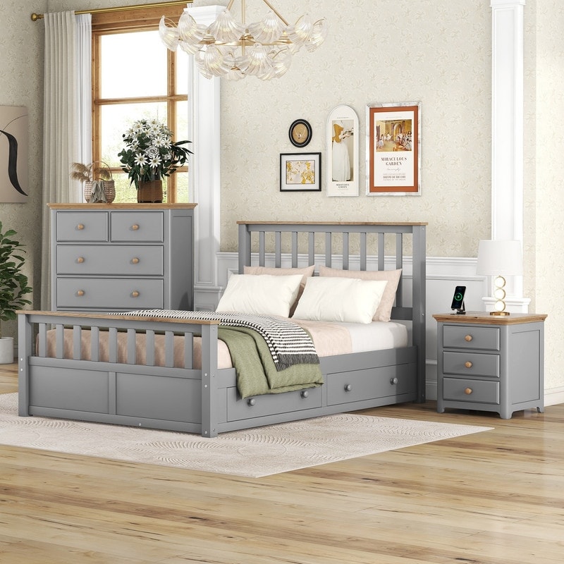 3-pieces Bedroom Sets Full/queen Size Platform Bed With Nightstand And Storage Chest