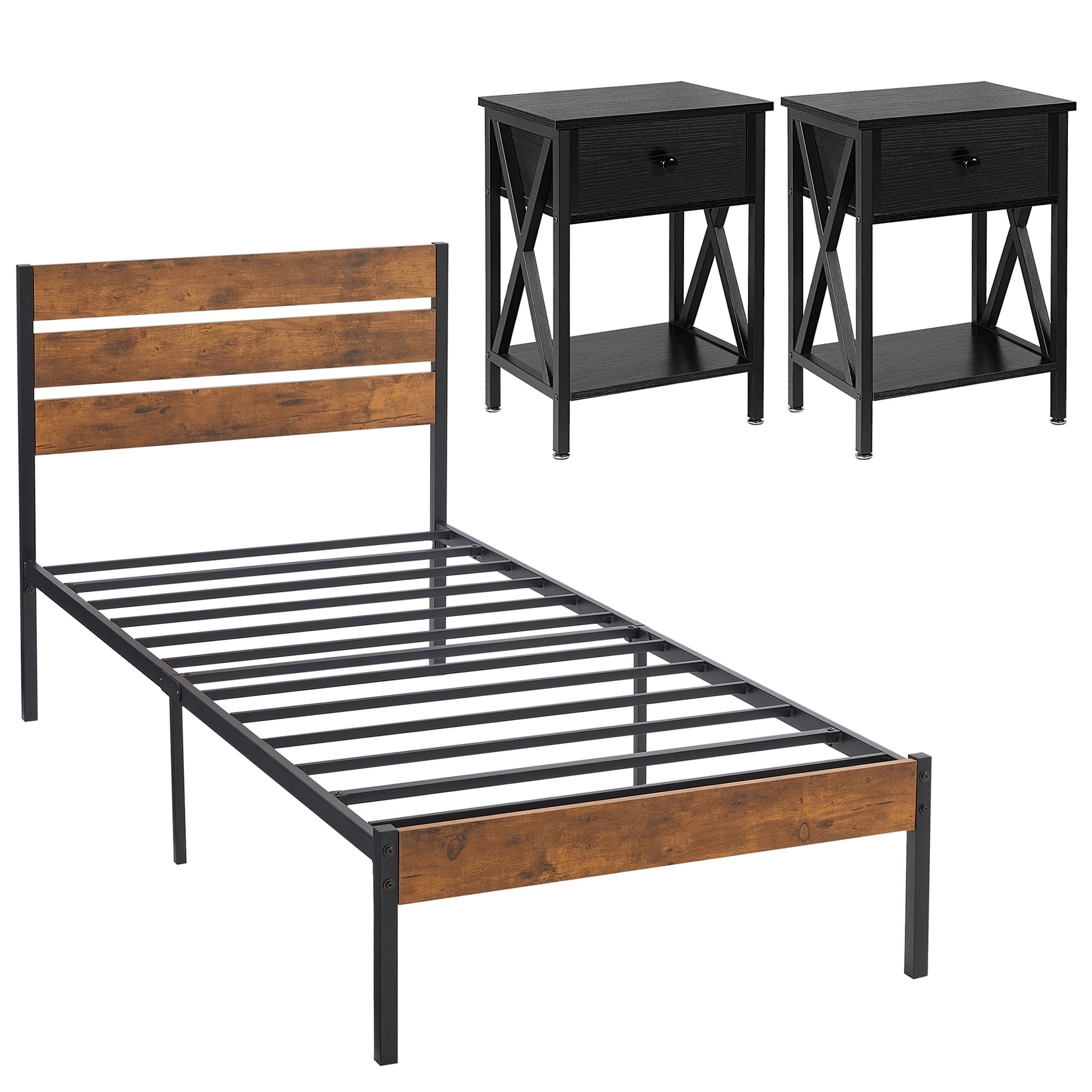Retro 3-pieces Bedroom Set With Rustic Brown Platform Bed Frame And Nightstands Set Of 2