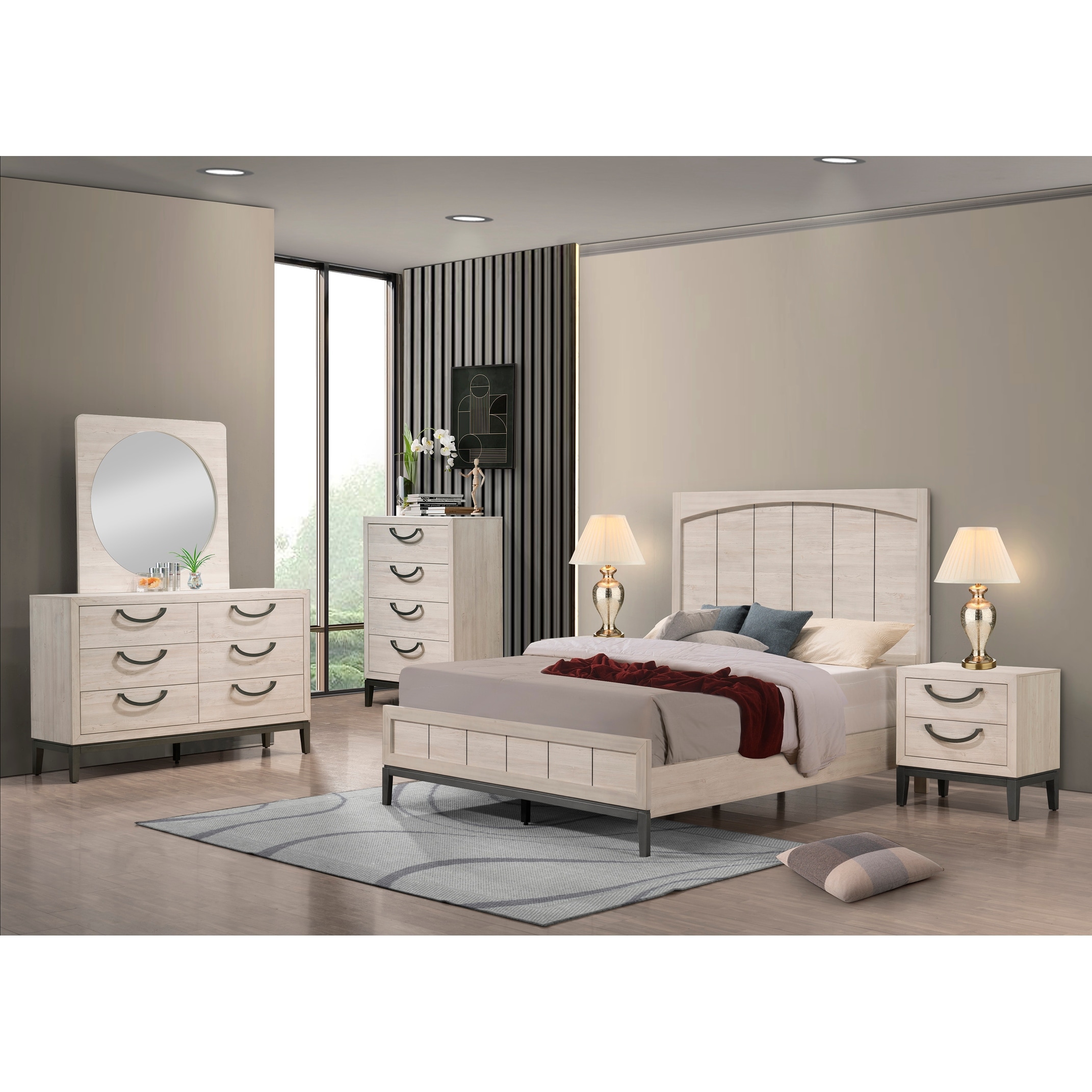 Demora 3 Piece Beige Modern Contemporary Solid Wood And Veneers Upholstered Panel Bedroom Set