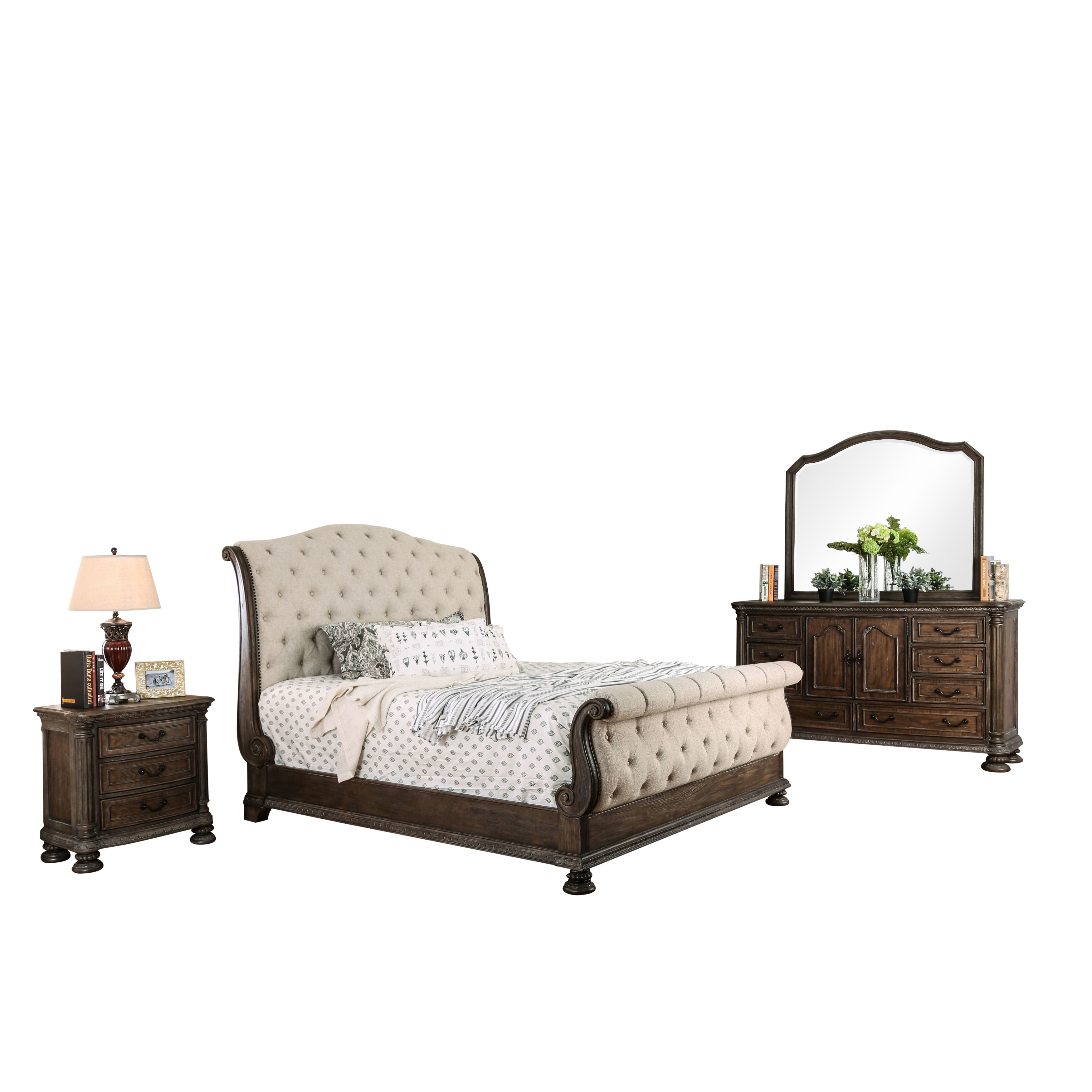 Brev Transitional Brown Fabric Tufted 4-piece Sleigh Bedroom Set By Furniture Of America