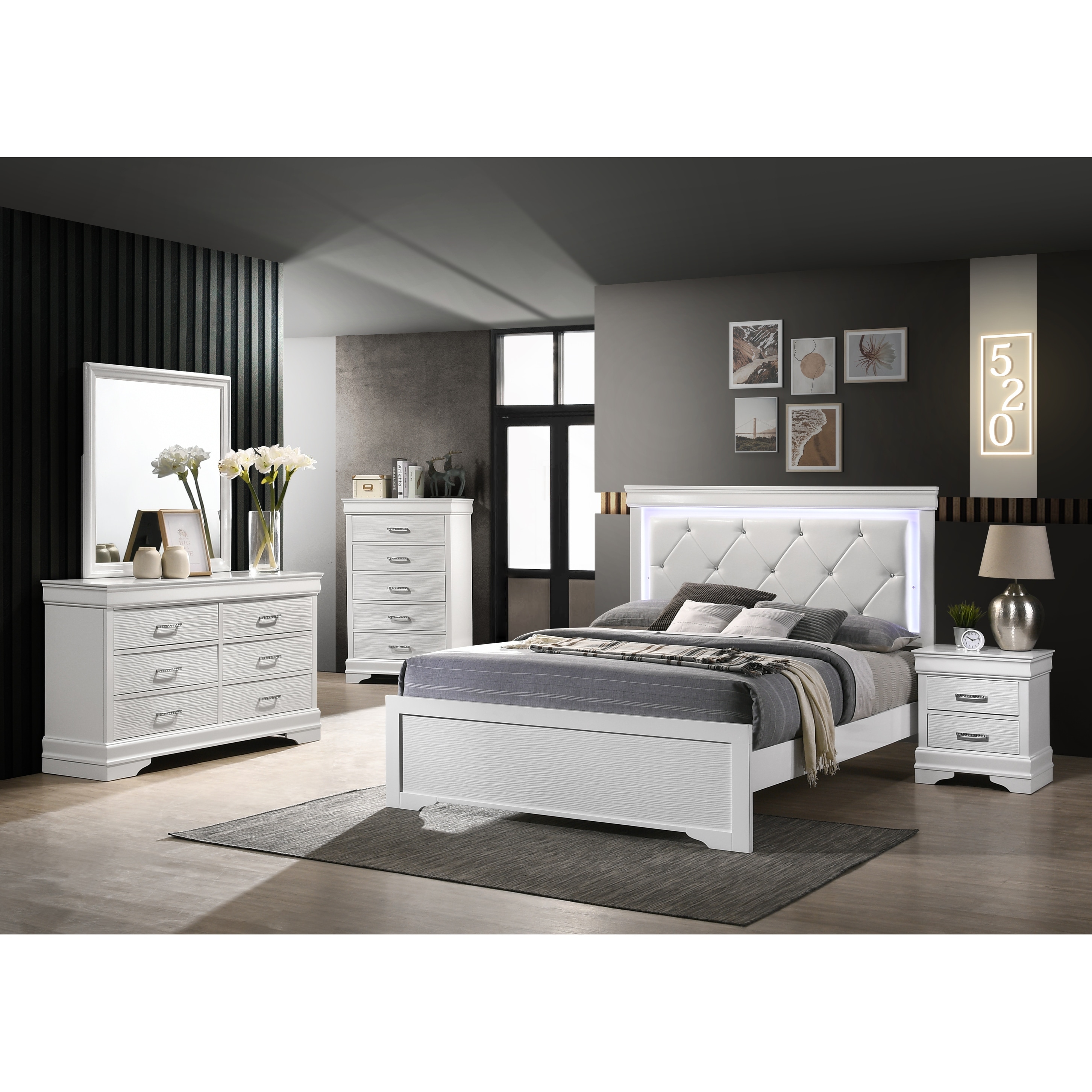Brooklyn Modern Style 4pc/5pc Upholstery Bedroom Set Made With Wood and Led Lights