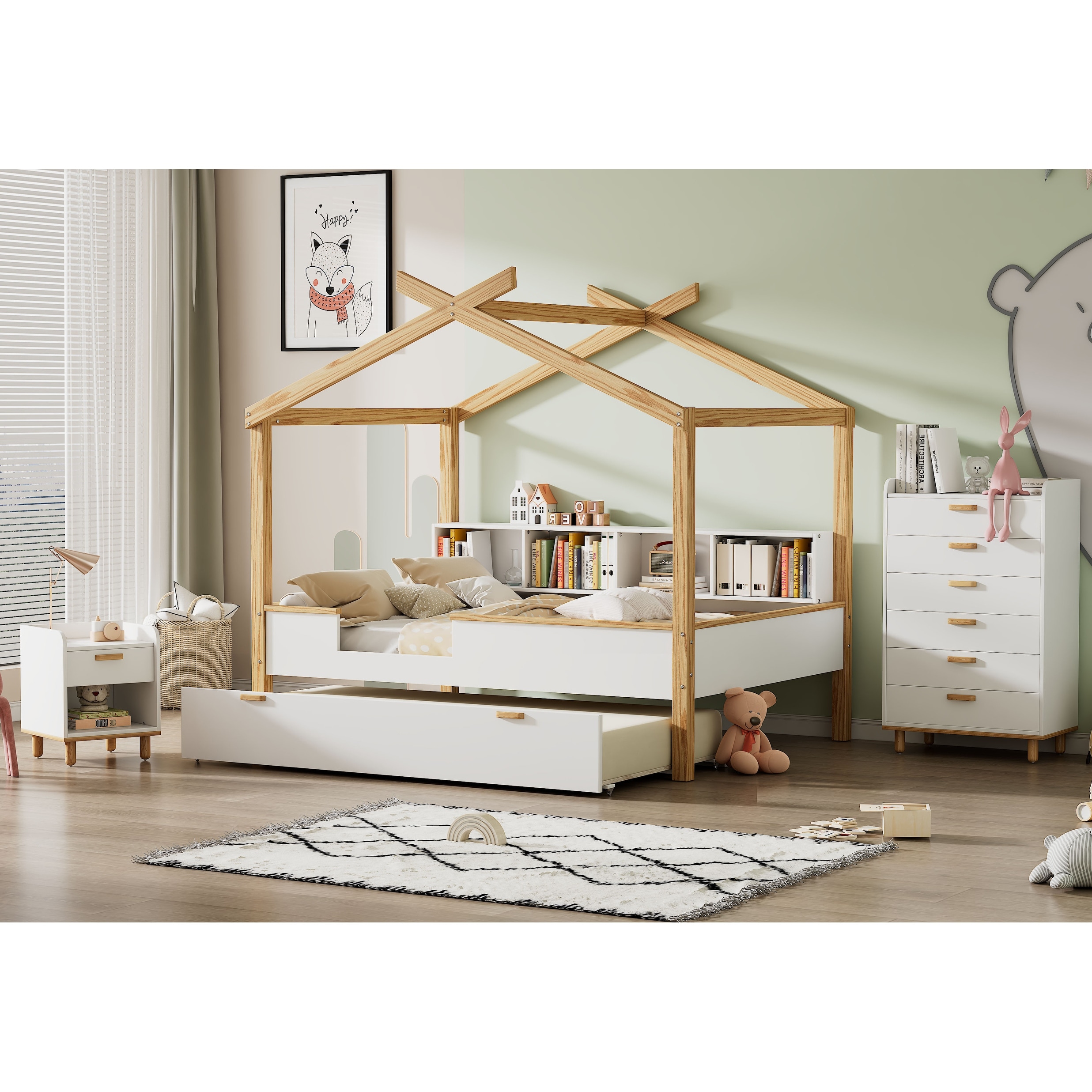3 Piece Bedroom Set  Modern Full Size House-shape Bed  Wooden Children Trundle Bed  6-drawer Storage Chest And Nightstand