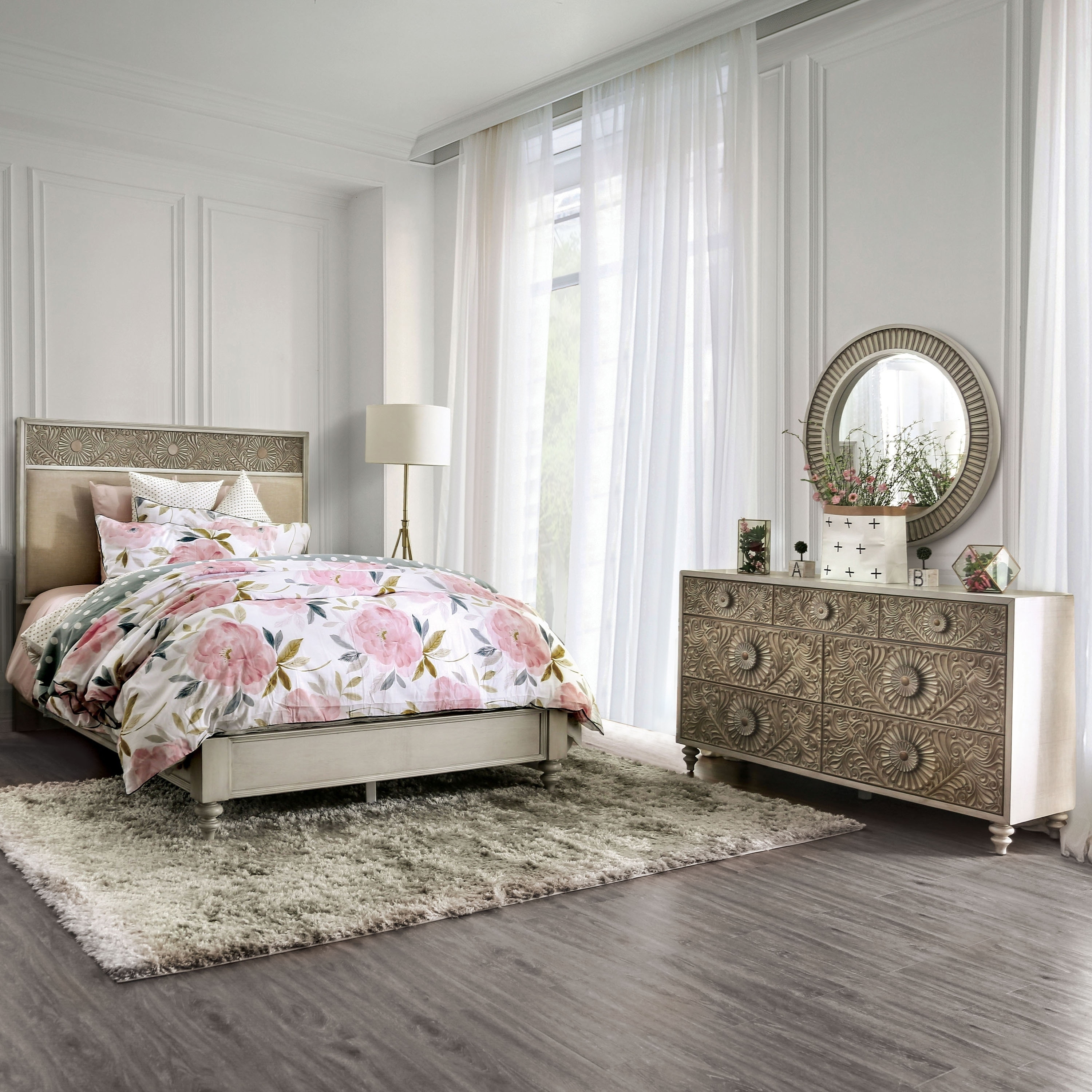 Daff Traditional Beige Wood 2-piece Padded Panel Bed And Dresser Set By Furniture Of America
