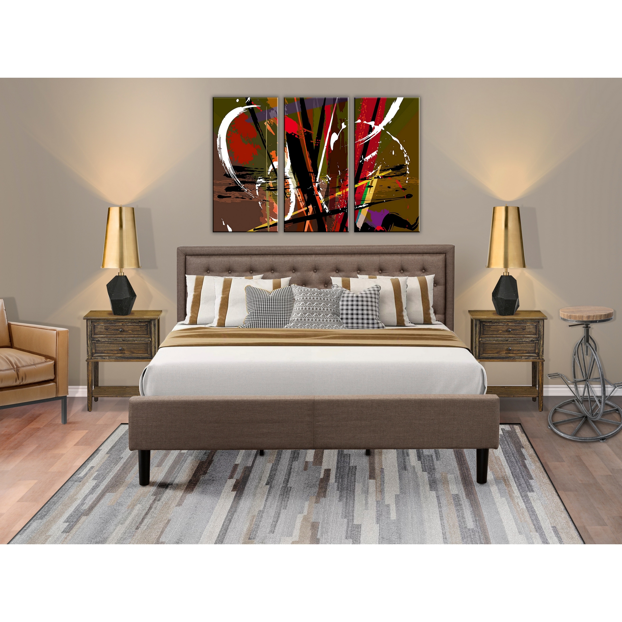East West Furniture Wooden Bedroom Set - King Bed Frame - Brown Headboard With Small Nightstand (end Table Pieces Option)