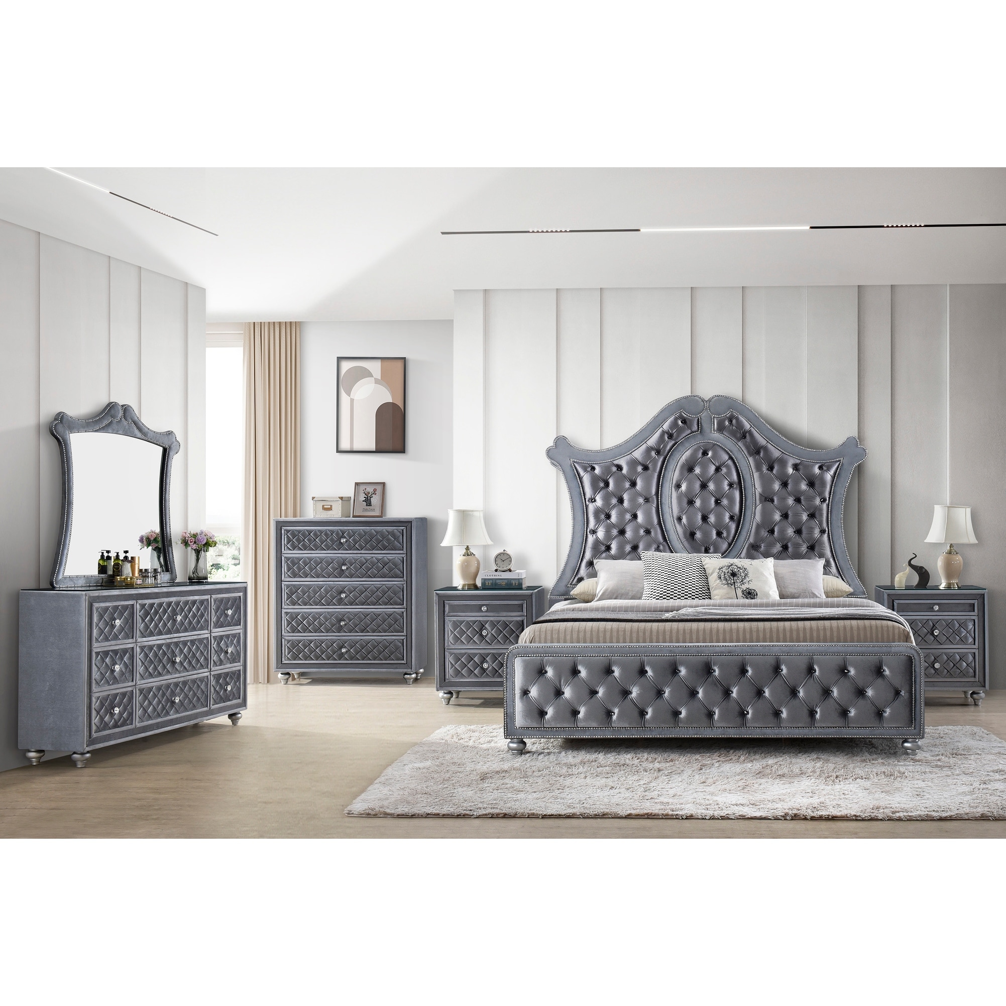 Judye 3 Piece Gray Velvet Upholstered Tufted Panel Bedroom Set
