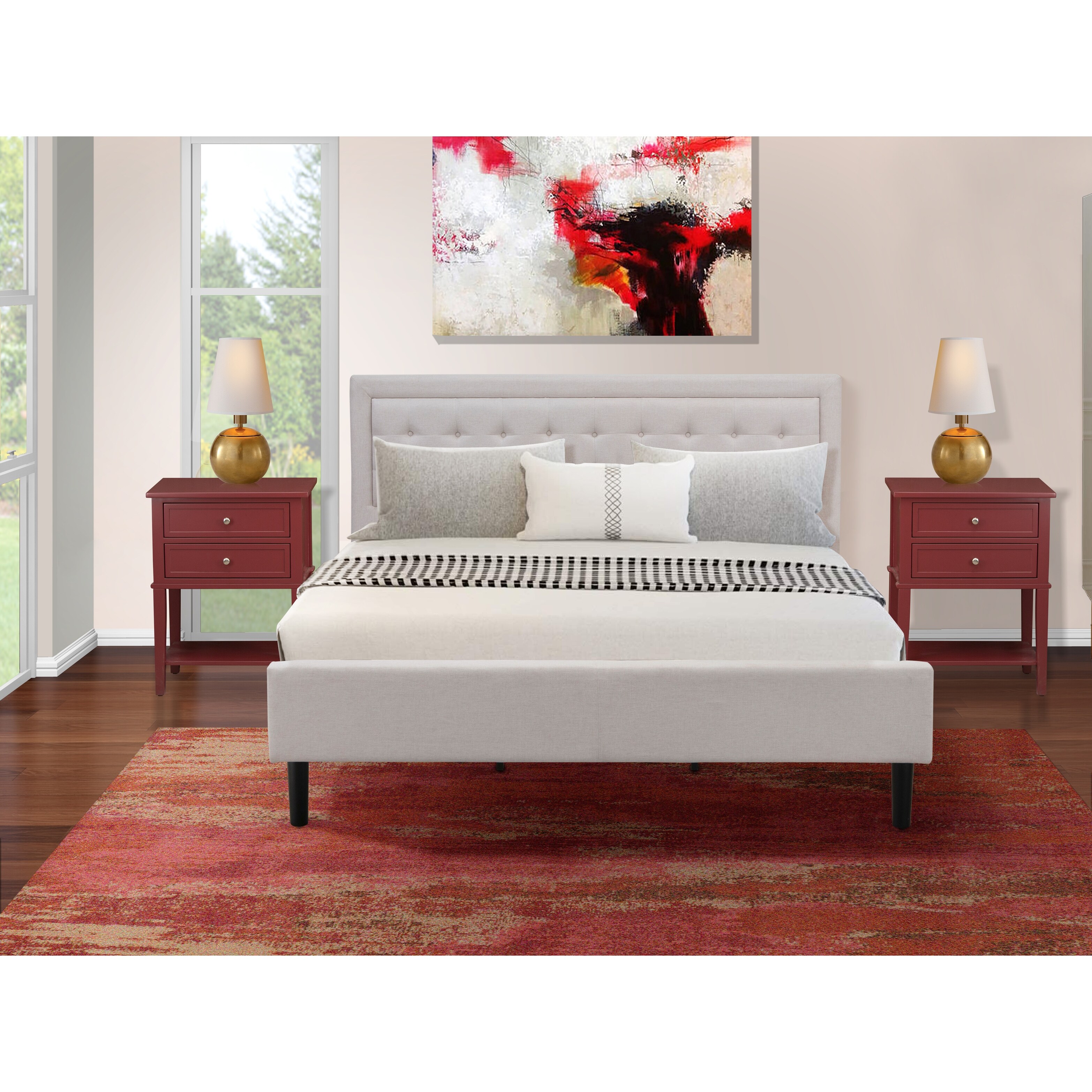 Fannin Wooden Set For Bedroom With 1 Platform Bed And Mid Century Modern Nightstand - Mist Beige Linen Fabric(pieces Options)