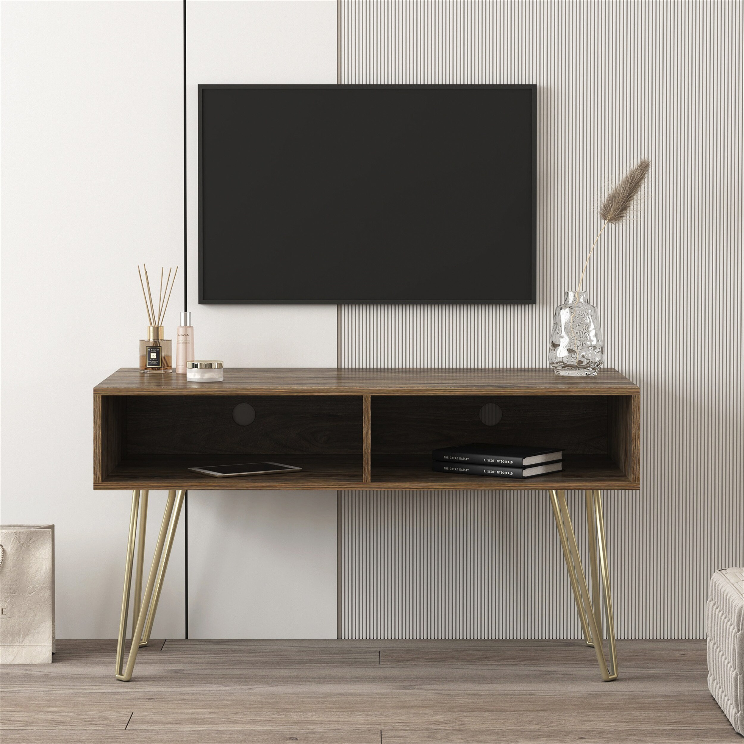 Tv Stand Modern Design Stable Metal Legs With 2 Open Shelves fir Wood
