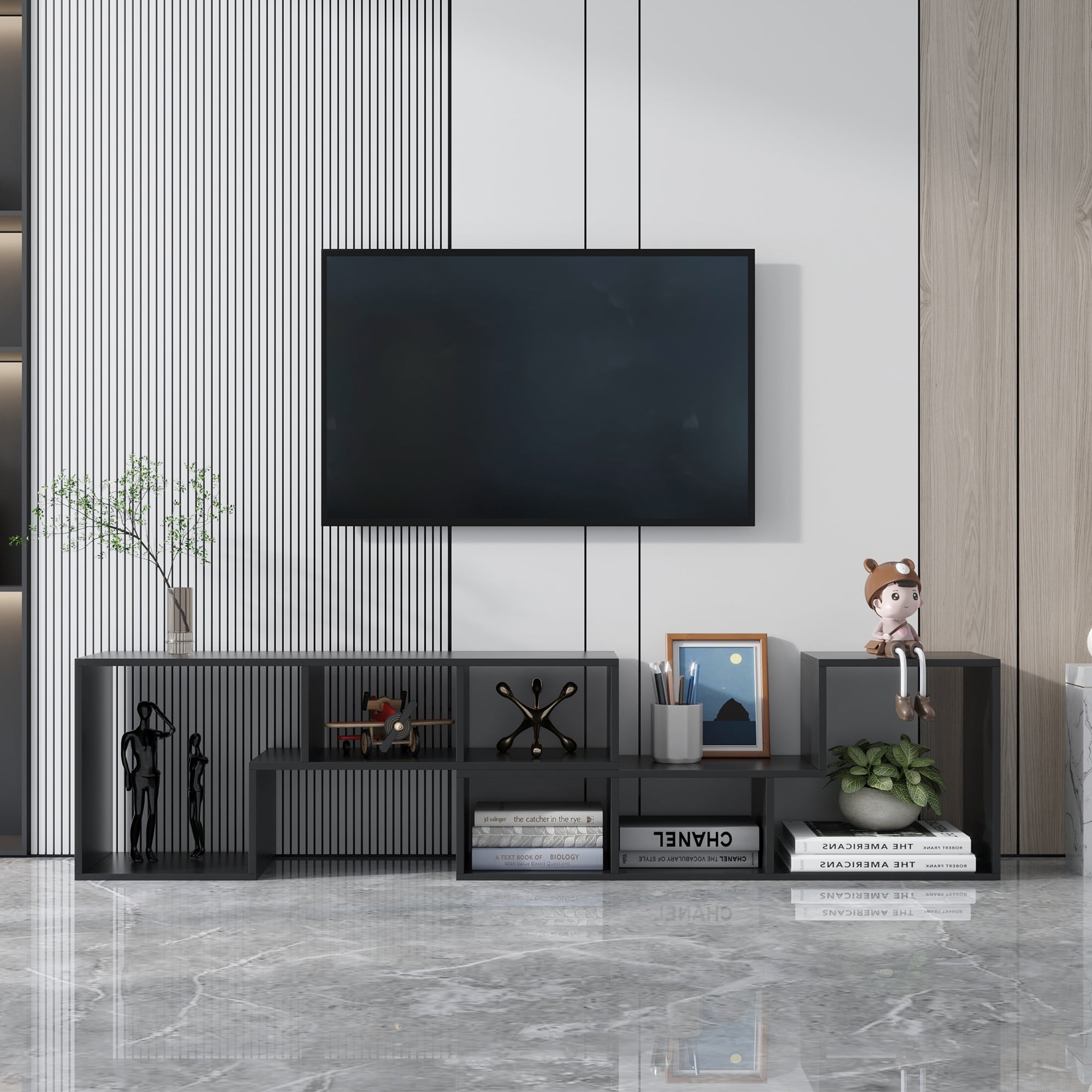 Versatile Double L-shaped Tv Stand  Display Shelf  Bookcase  Extendable and Twistable Design Tv Cabinet With Open Shelves