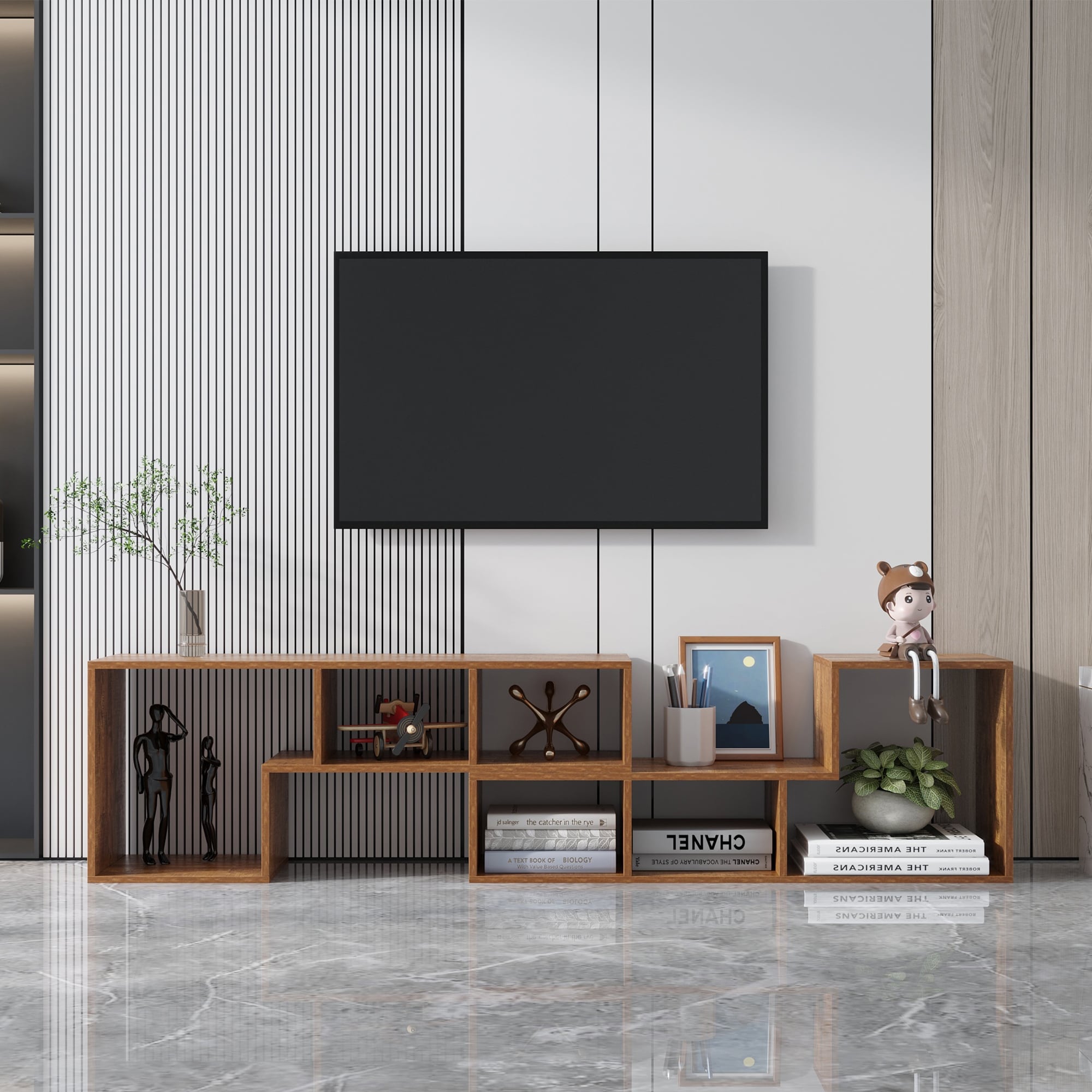 Double L-shaped Tv Stand  Display Shelf  Bookcase  Extendable and Twistable Tv Cabinet With Open Shelves For Home Living Room