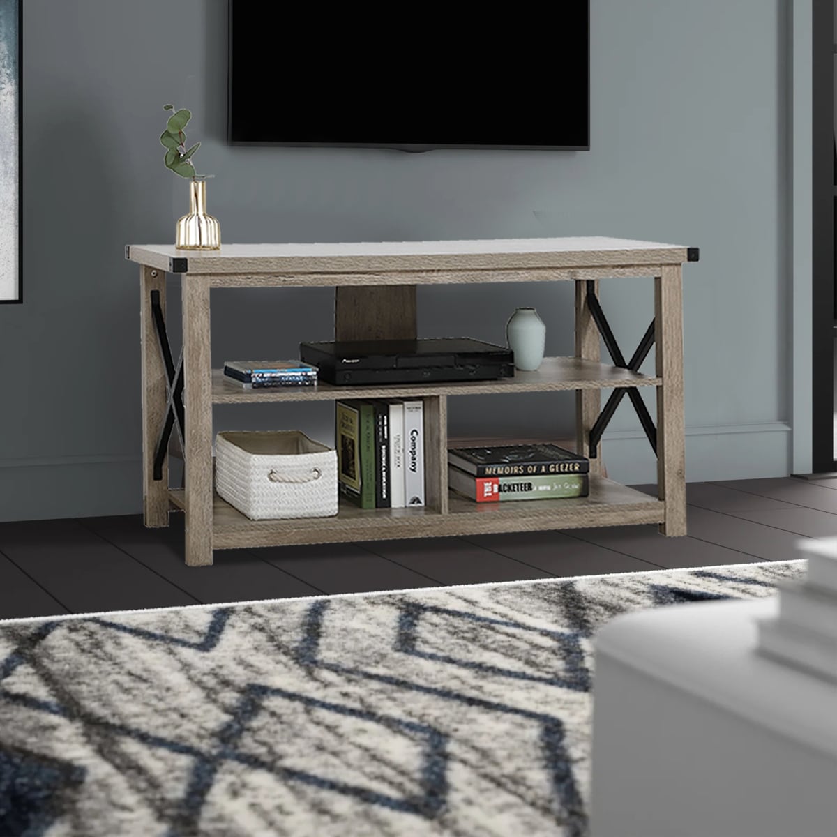 47 In. Gray Particle Board Tv Stand With Opening Storage Fits Tvs Up To 55 In.
