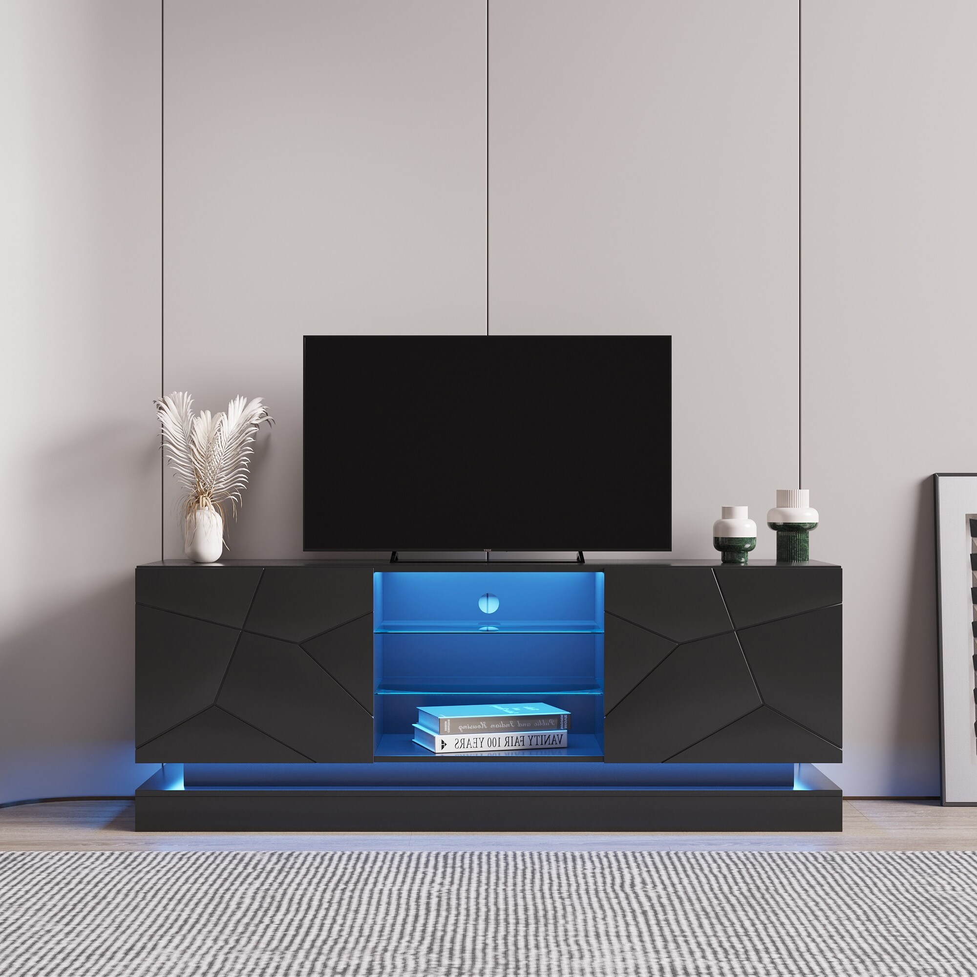 Modern Textured Veneer Tv Stand Tv Cabinet With Led Lights And Storage Cabinet Entertainment Center Media Console Table