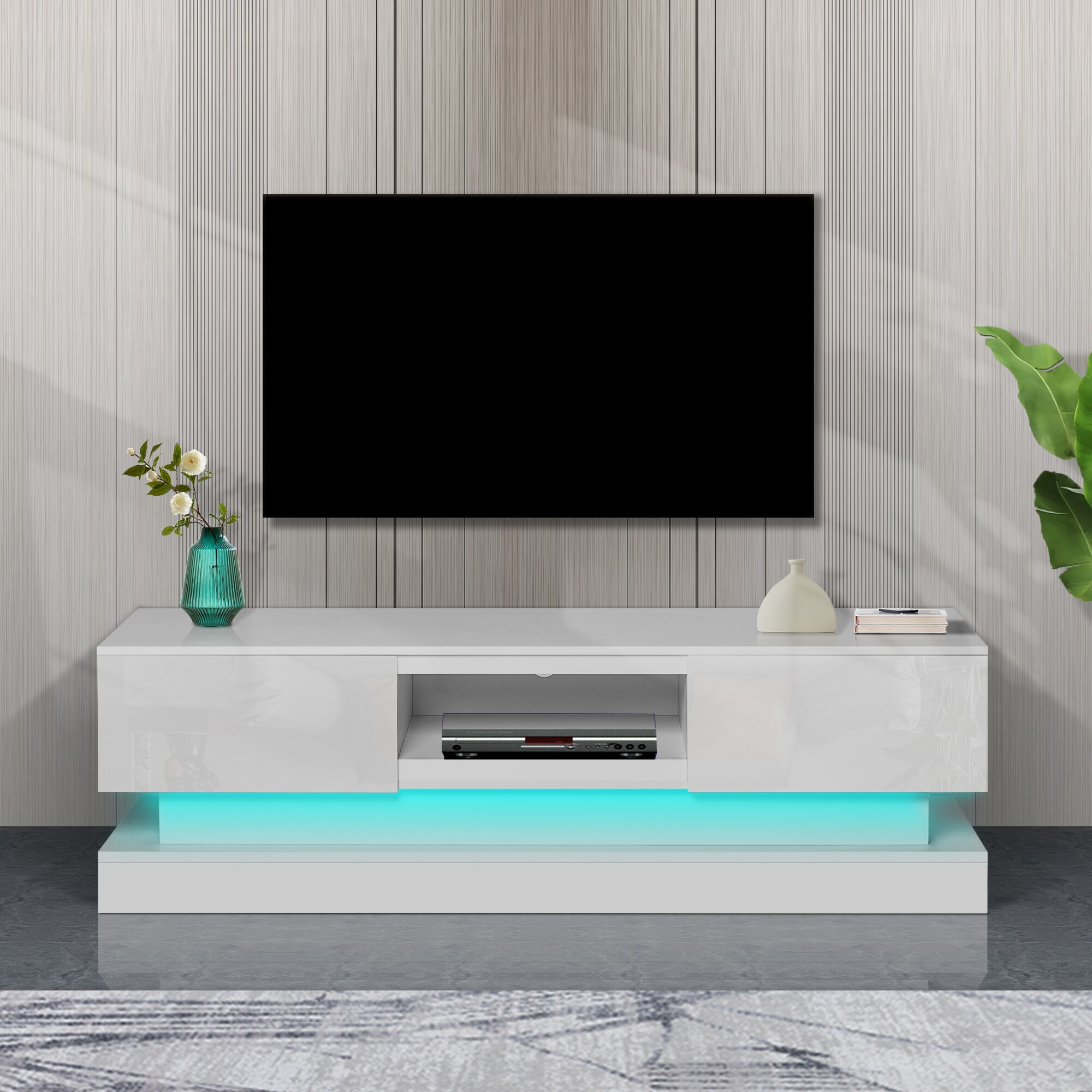 Modern Tv Stand With 16-color Led Lights  High Gloss Front  Fits Up To 70