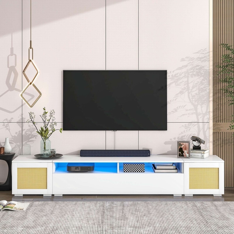 Rattan Style Entertainment Center With Push To Open Doors
