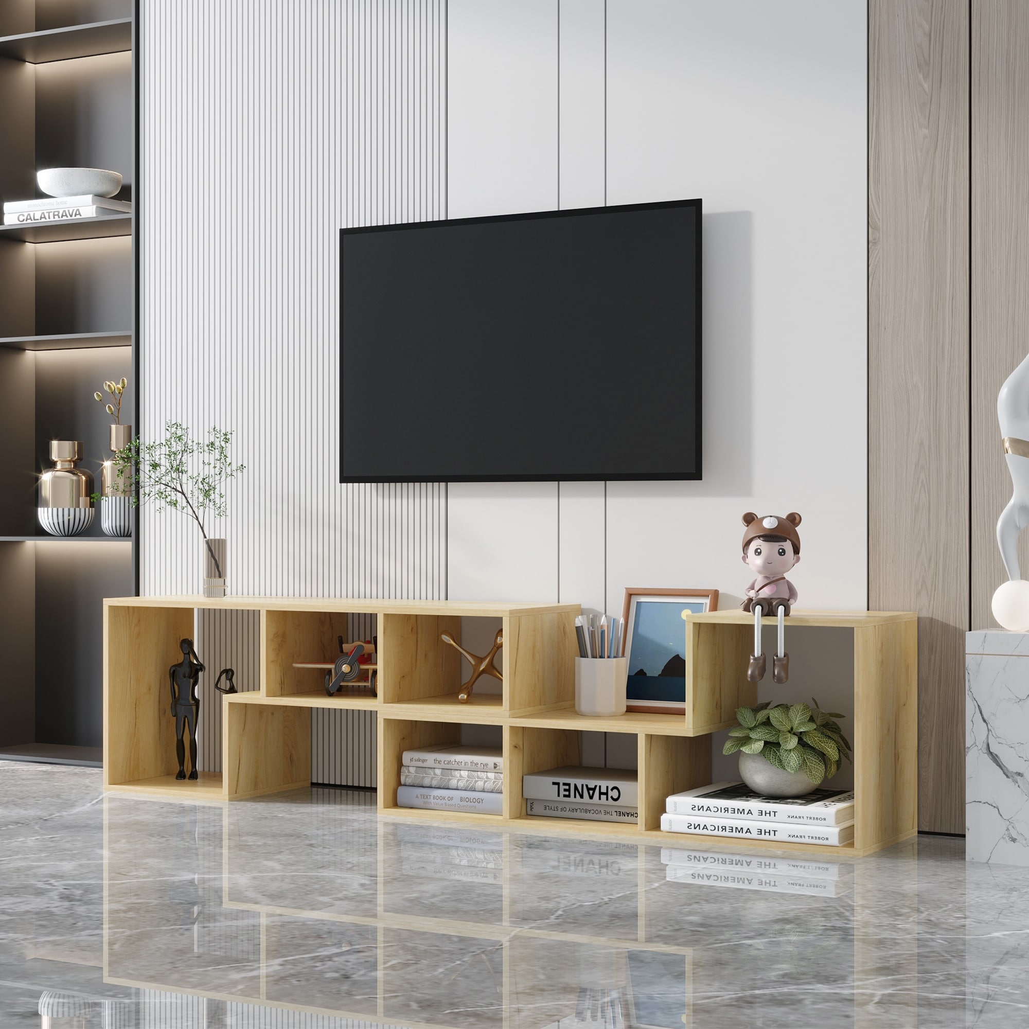 Double L-shaped Tv Stand  Bookcase  Extendable and Twistable Tv Cabinet