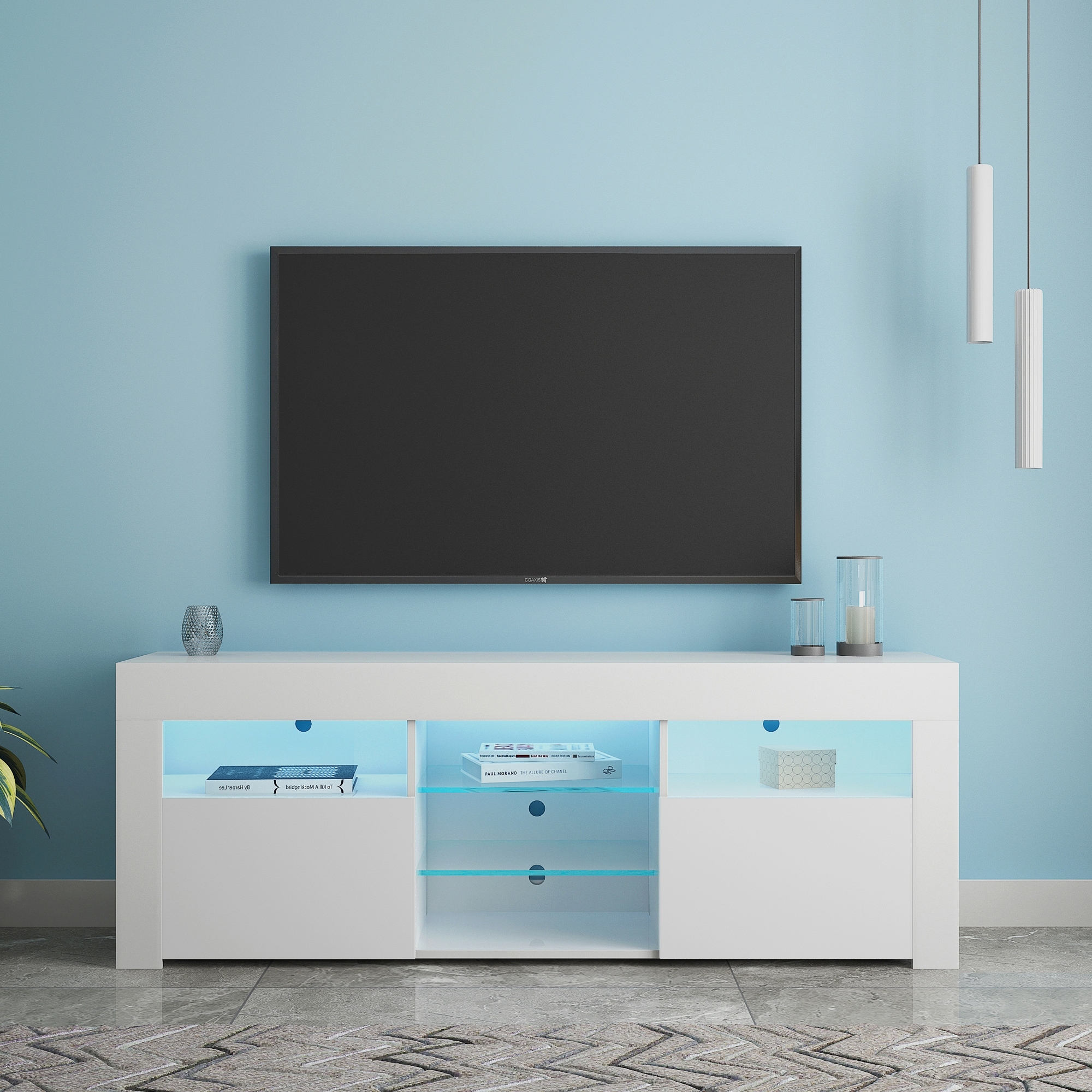 145 Modern 57 Tv Stand Matte Body High Gloss Fronts With 16 Color Leds and Two Doors And Two Open Cabinets