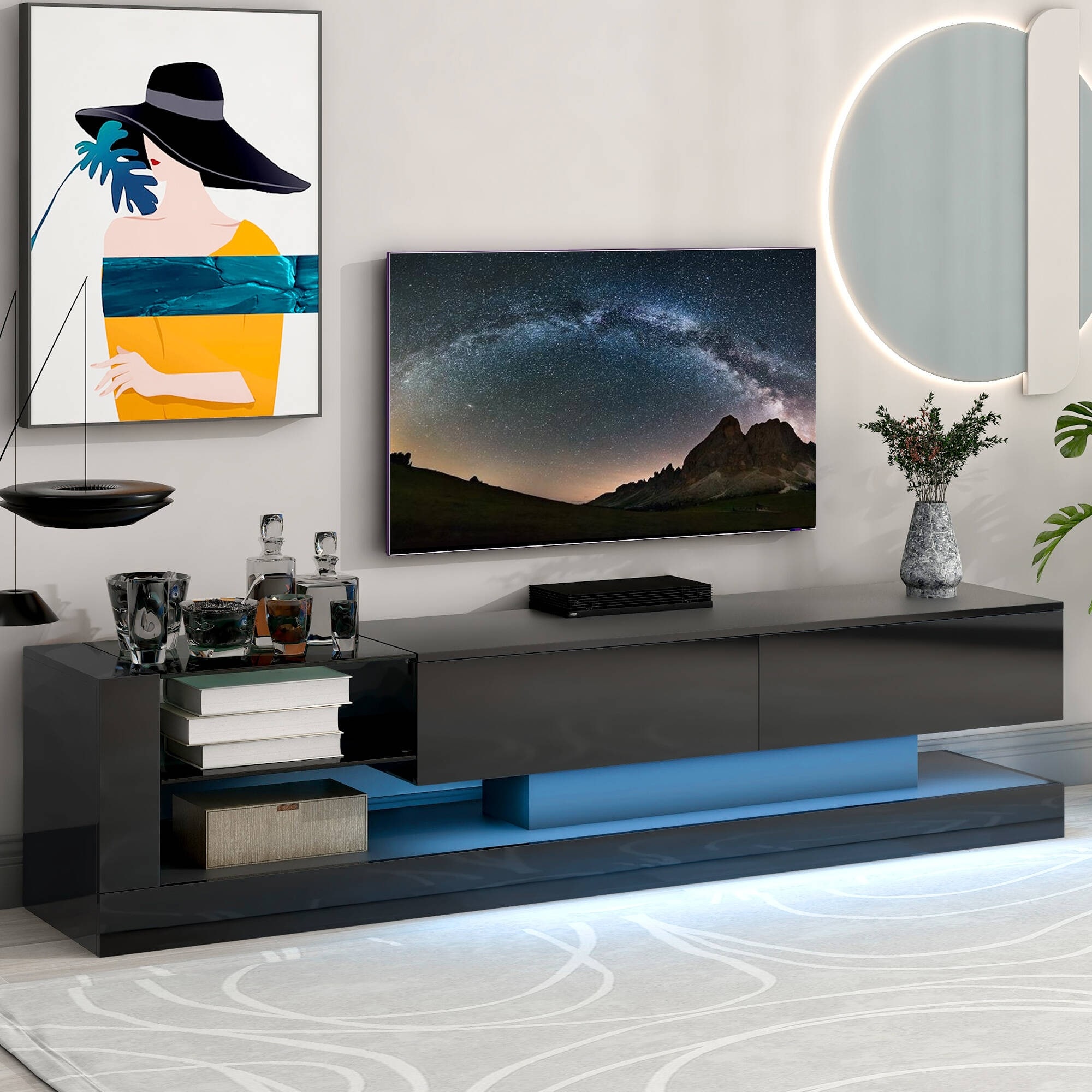 Tv Stand With Two Media Storage Cabinets Modern High Gloss Entertainment Center For 75 Inch Tv