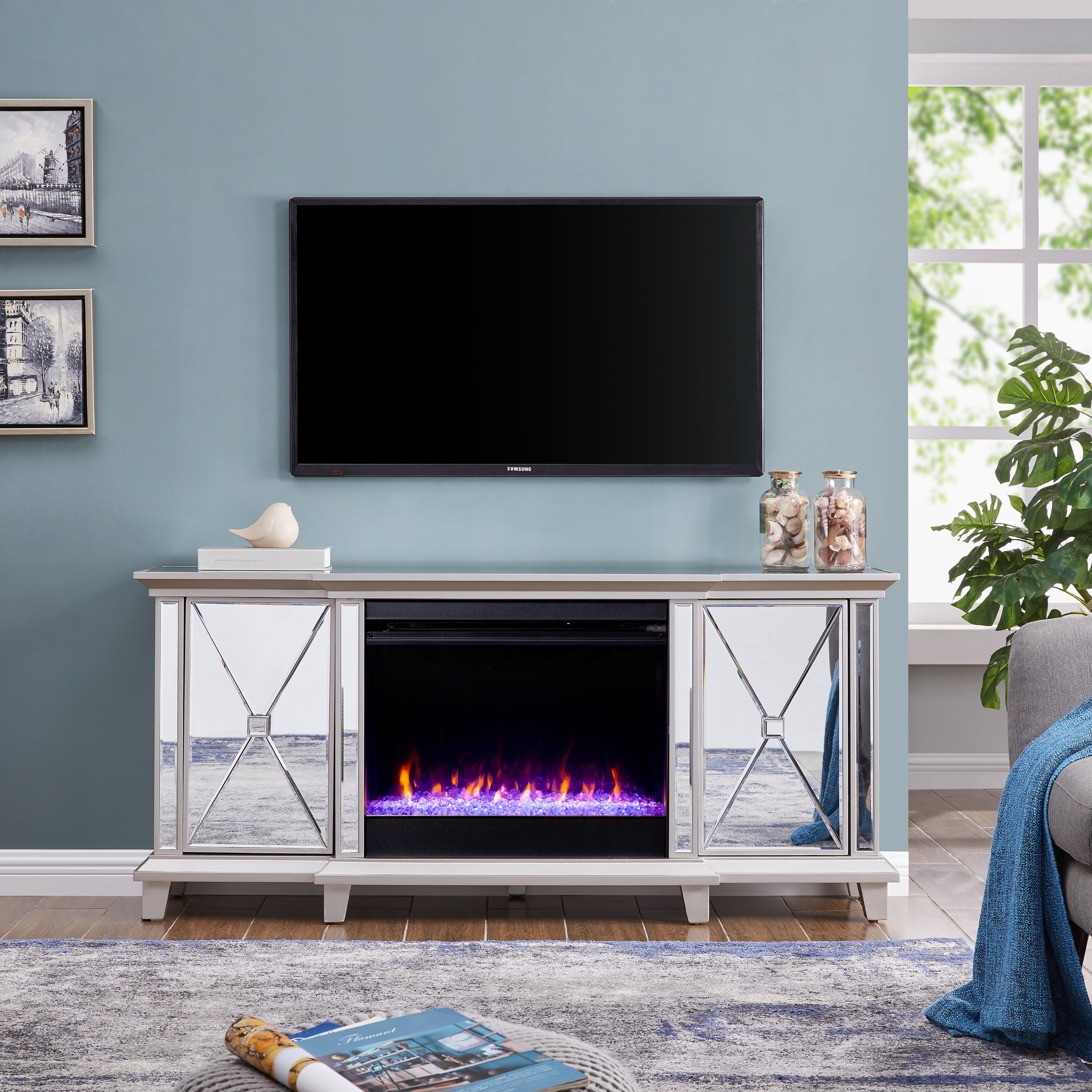 Sei Furniture Talmar Mirrored Media Tv Stand With Color Changing Fireplace Insert For Tvs Up To 62