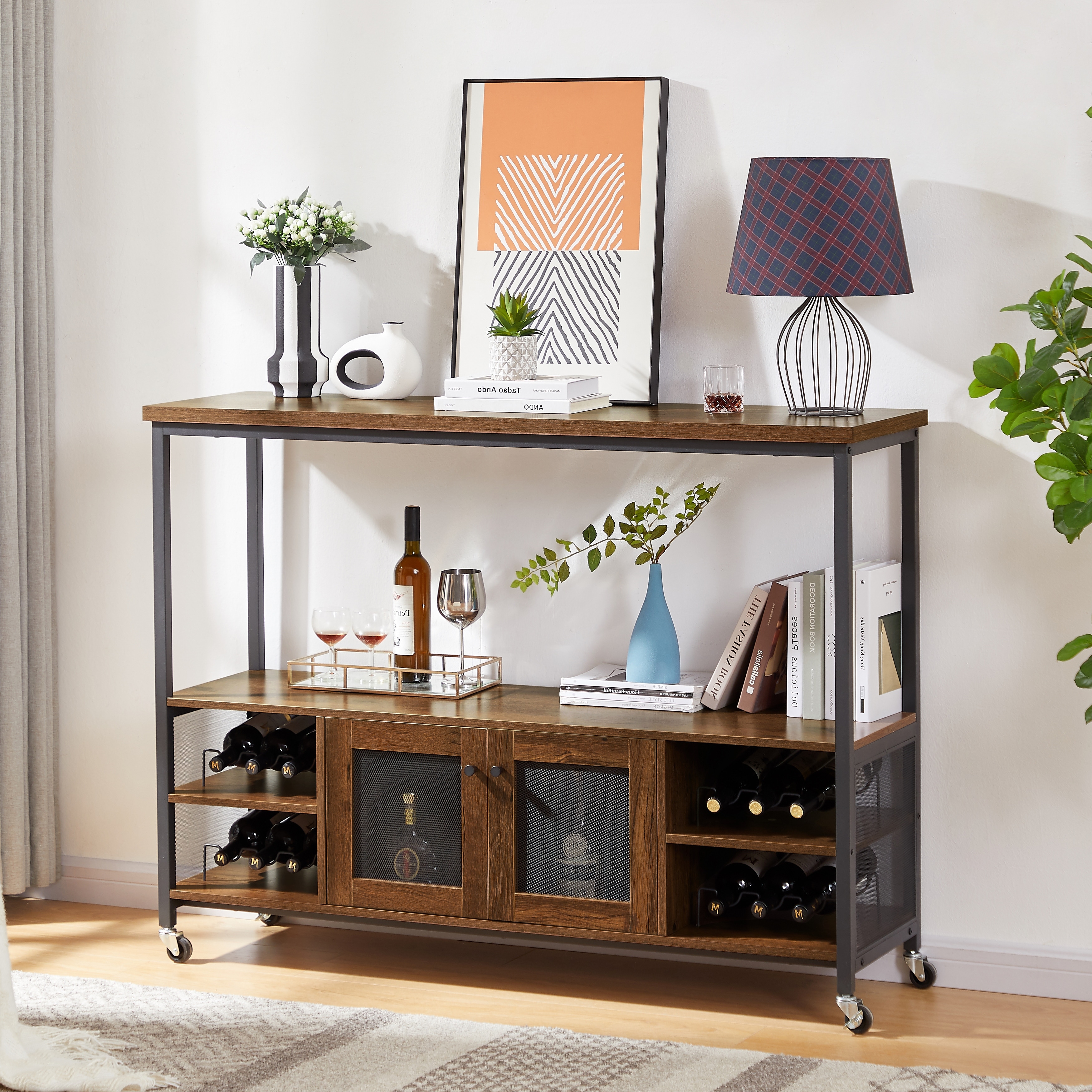 Classic Rustic Tv Stand With Metal Frame and Open Shelves  Tv Cabinet With Mesh Cabinets Double Doors and Ample Storage Compartment