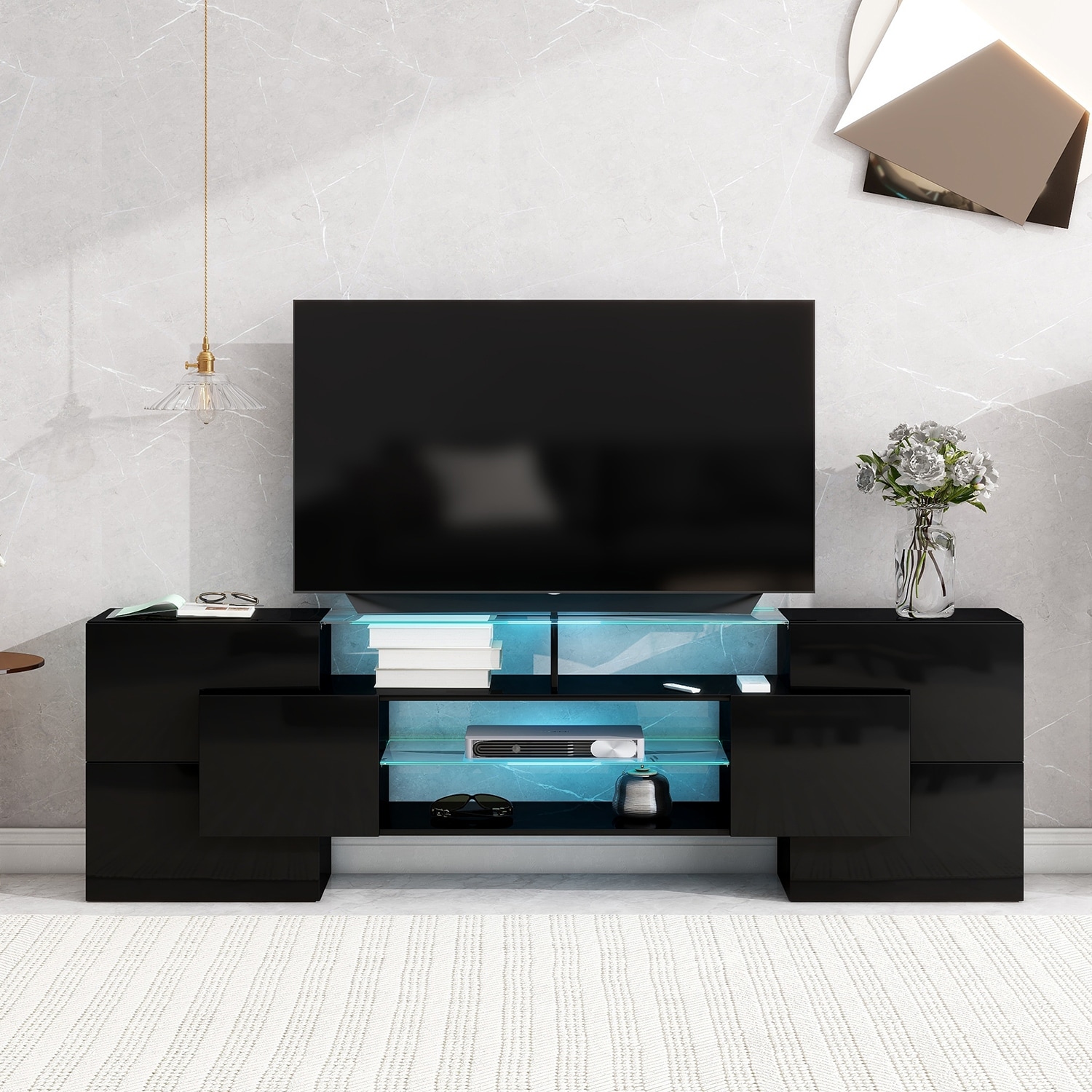 Unique Shape Tv Stand With 2 Illuminated Glass Shelves
